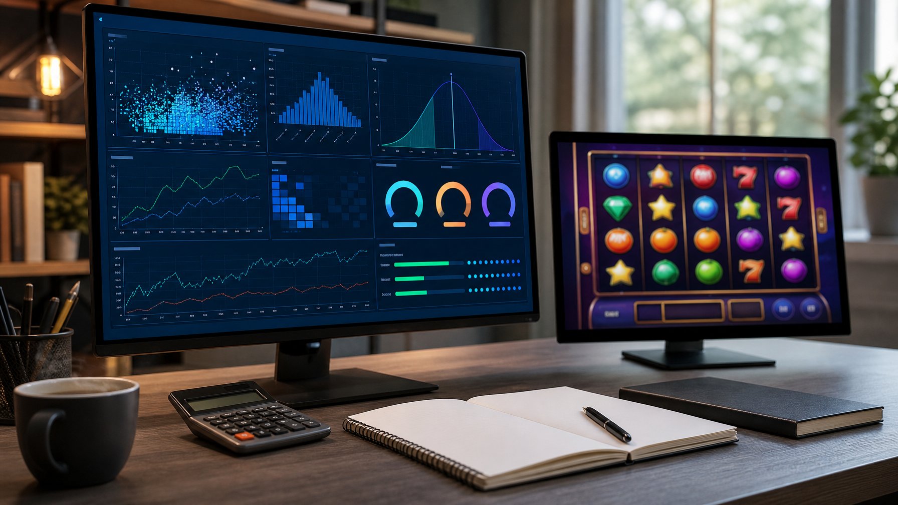 Meja kerja modern dengan monitor menampilkan grafik analisis probabilitas dan antarmuka permainan slot abstrak.