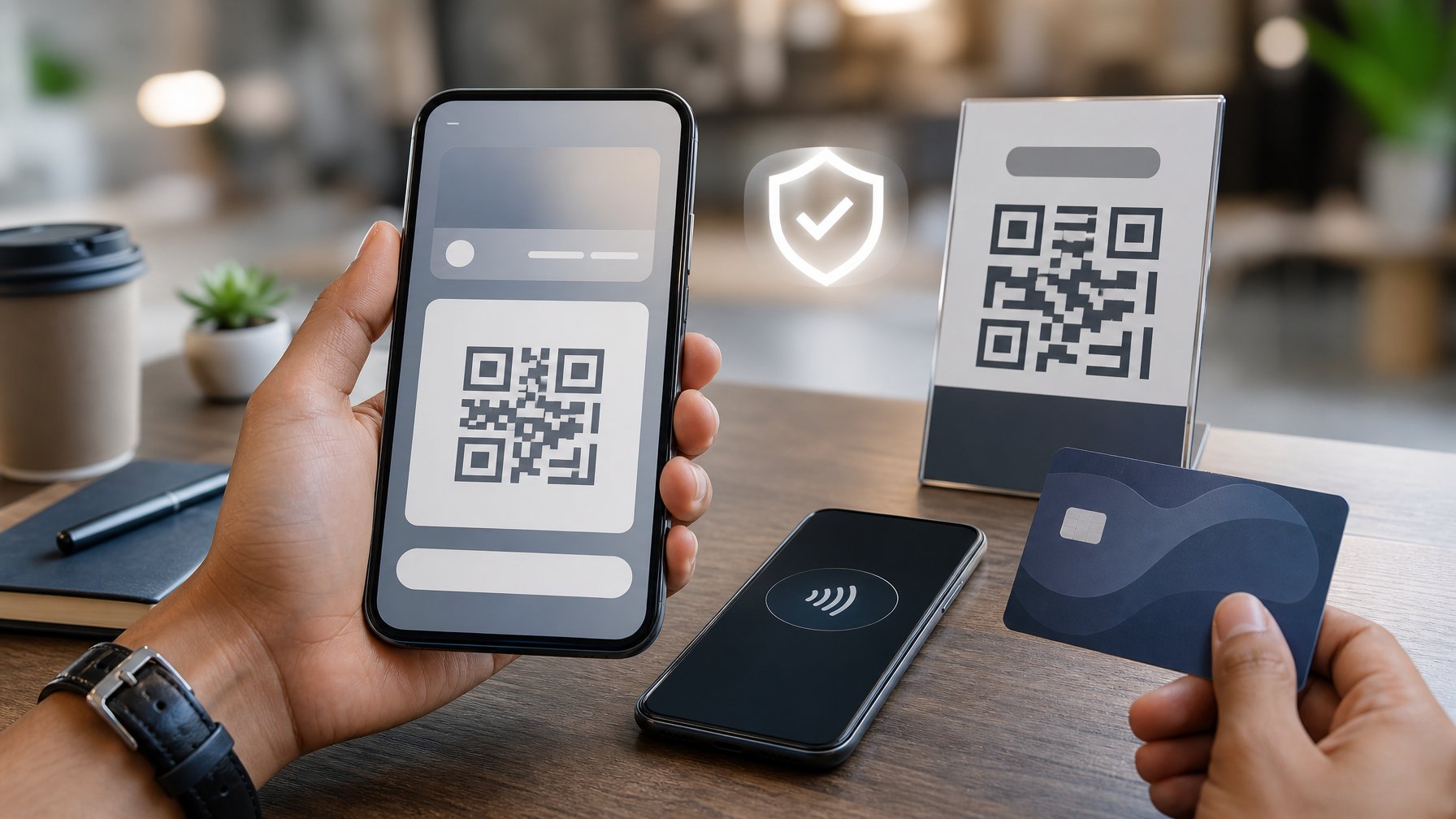 Seseorang menggunakan ponsel untuk melakukan pembayaran digital melalui kode QR di meja kerja modern.