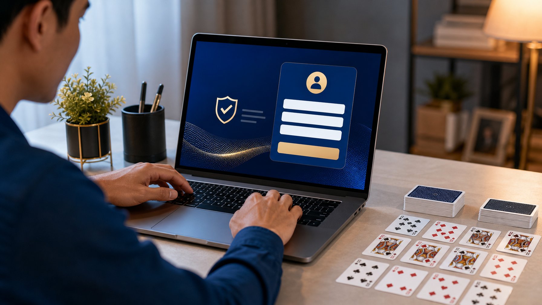 Seseorang menggunakan laptop di meja dengan kartu permainan tersusun di latar depan.