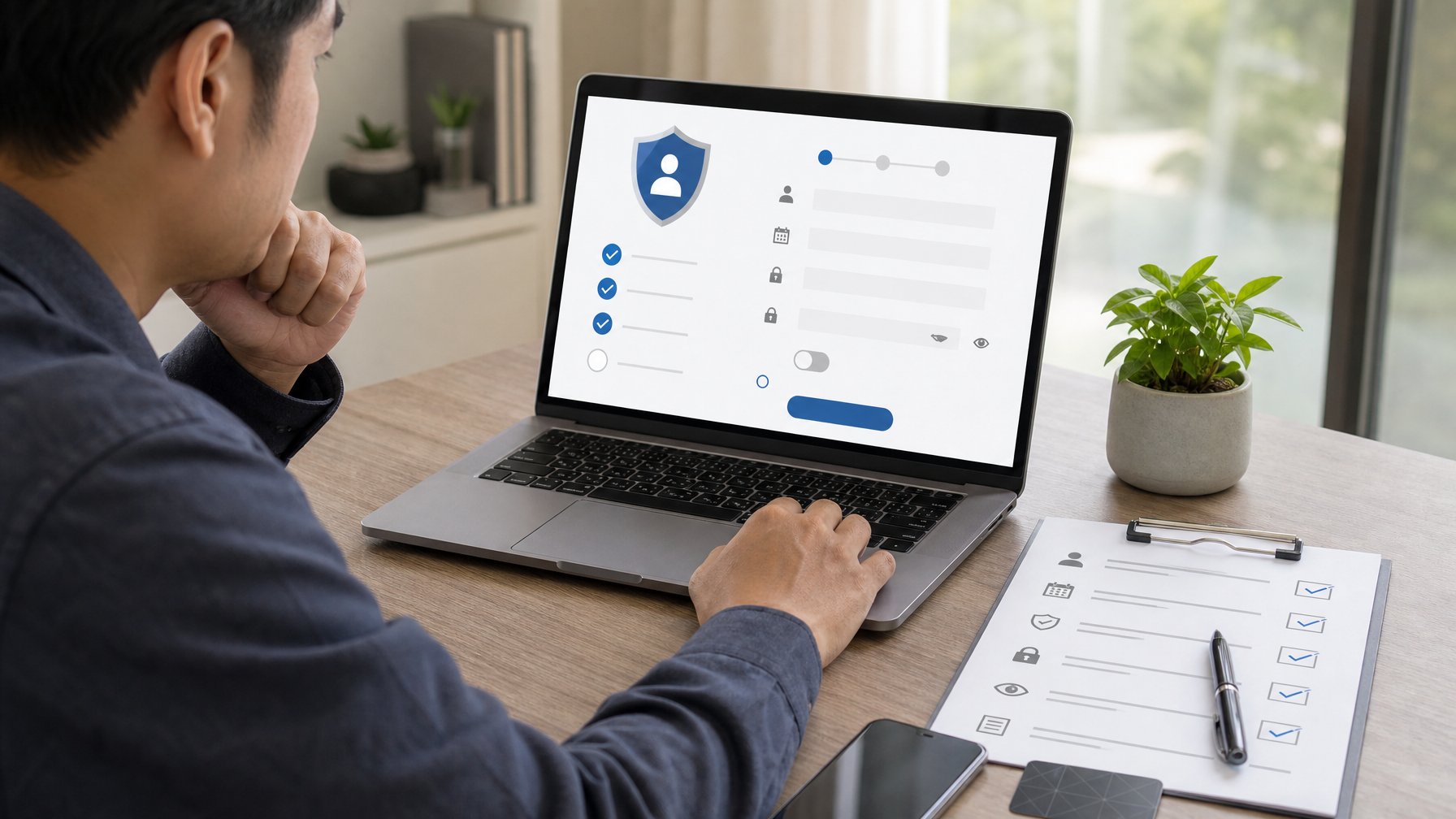 Seseorang memeriksa persyaratan pendaftaran akun di laptop dengan daftar periksa dan perlengkapan keamanan di meja.