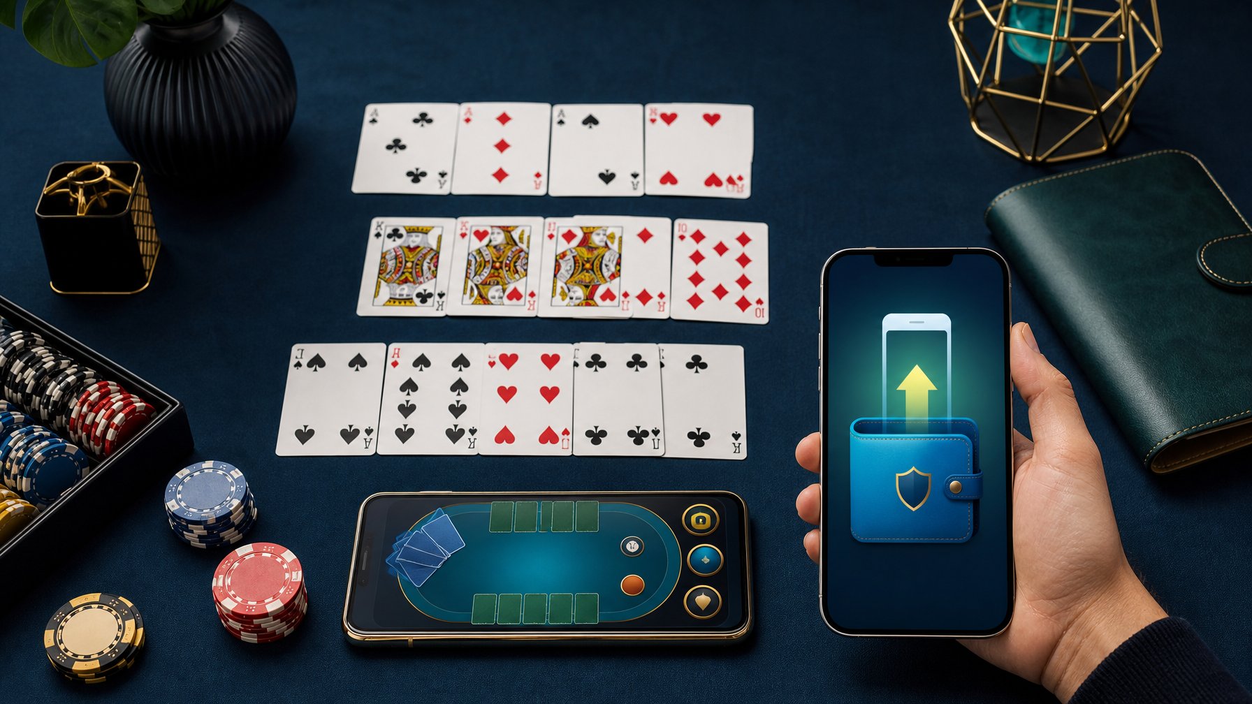 Meja dengan kartu permainan, chip, dan ponsel yang menampilkan antarmuka permainan digital abstrak.