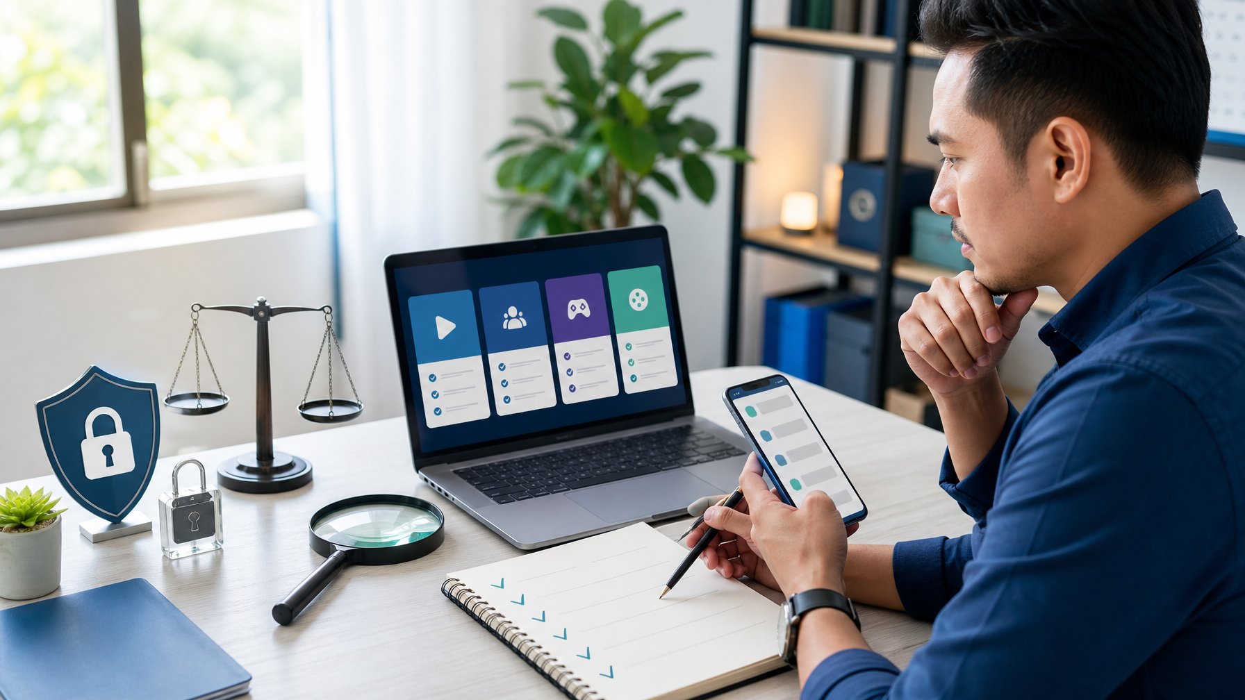 Seorang profesional membandingkan beberapa pilihan platform digital di meja kerja modern.