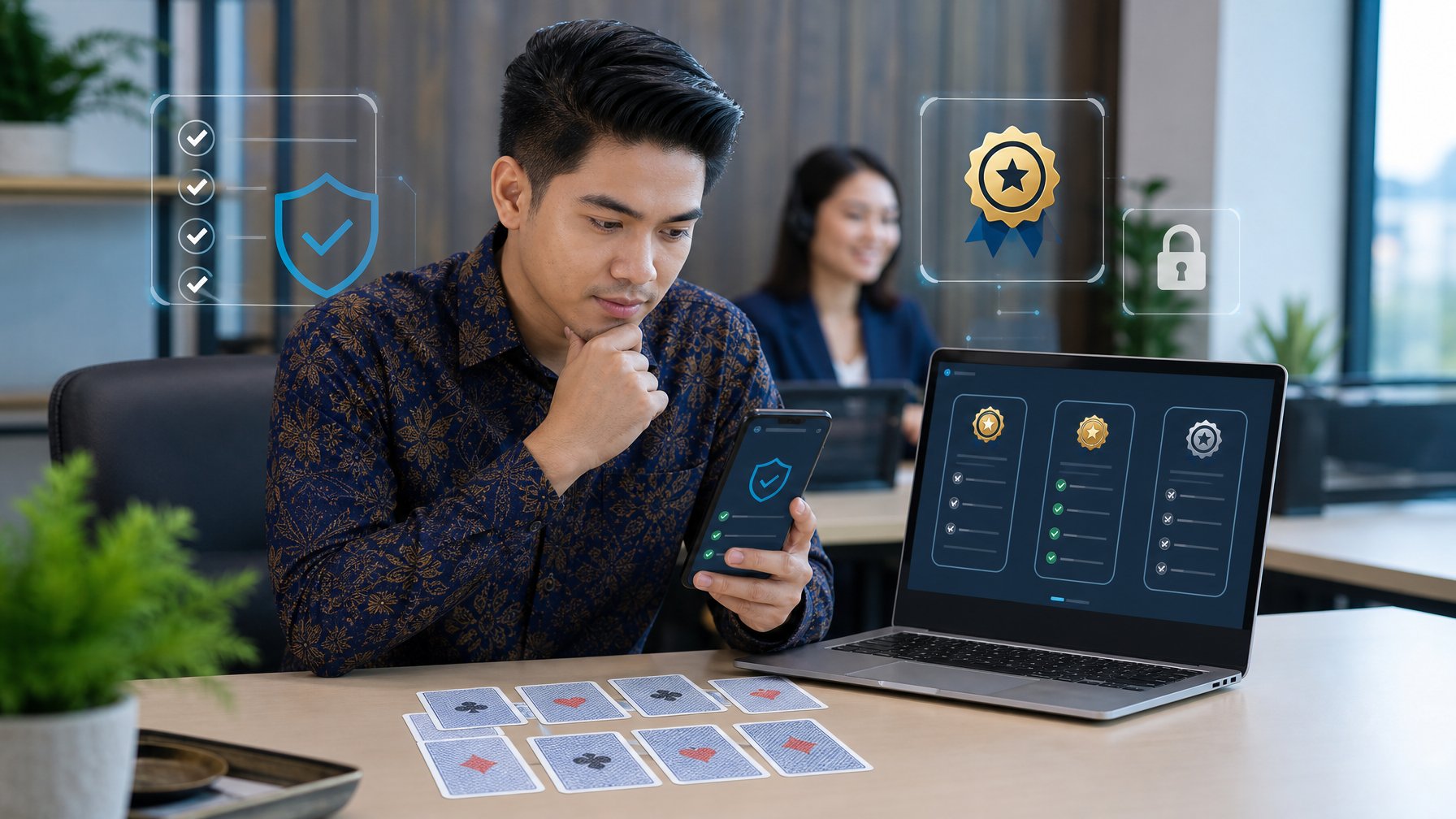 Seorang profesional Indonesia membandingkan platform permainan kartu digital dengan simbol keamanan di meja kerja.