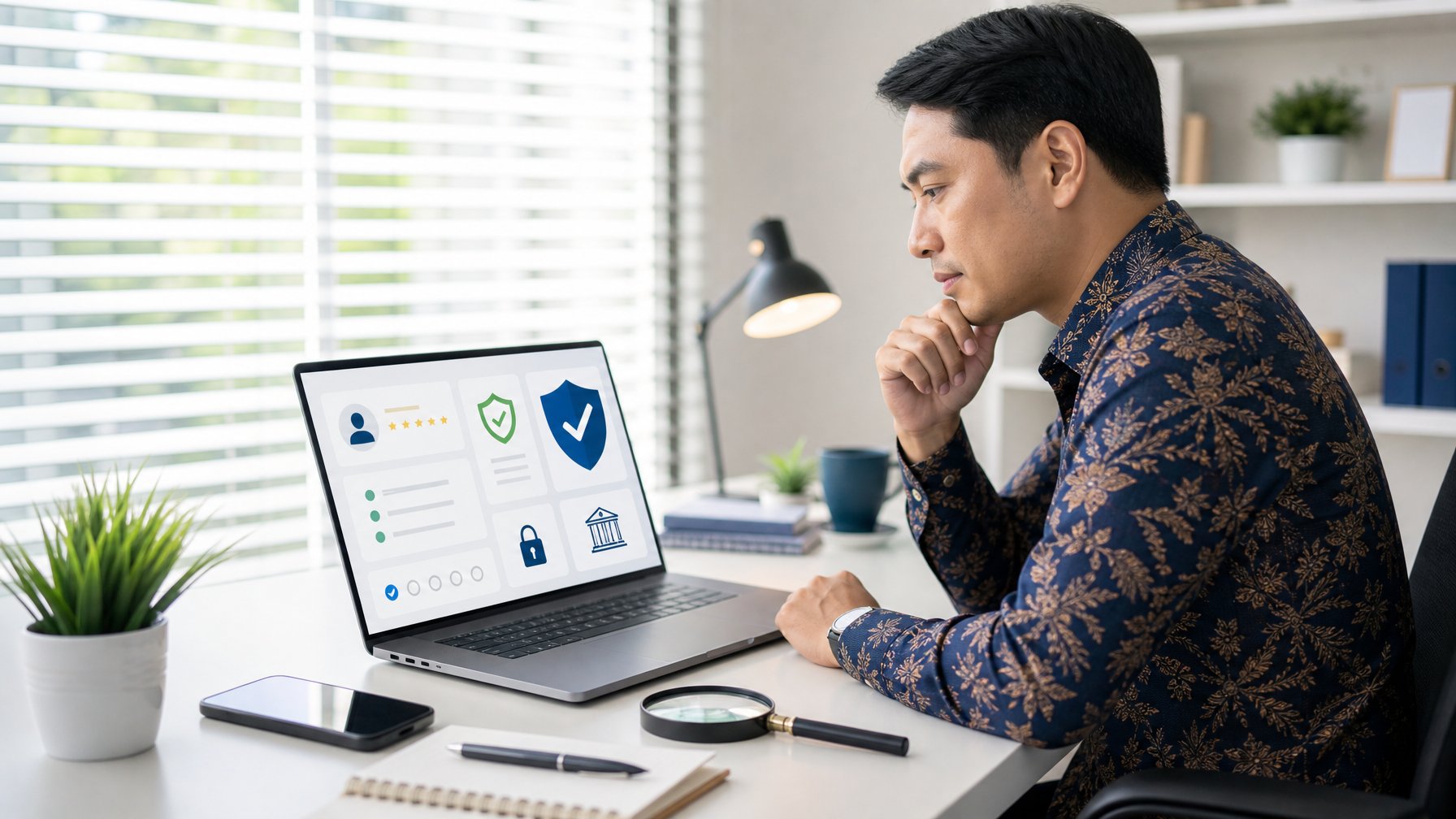 Orang dewasa menilai keamanan dan kredibilitas platform digital melalui laptop di ruang kerja.