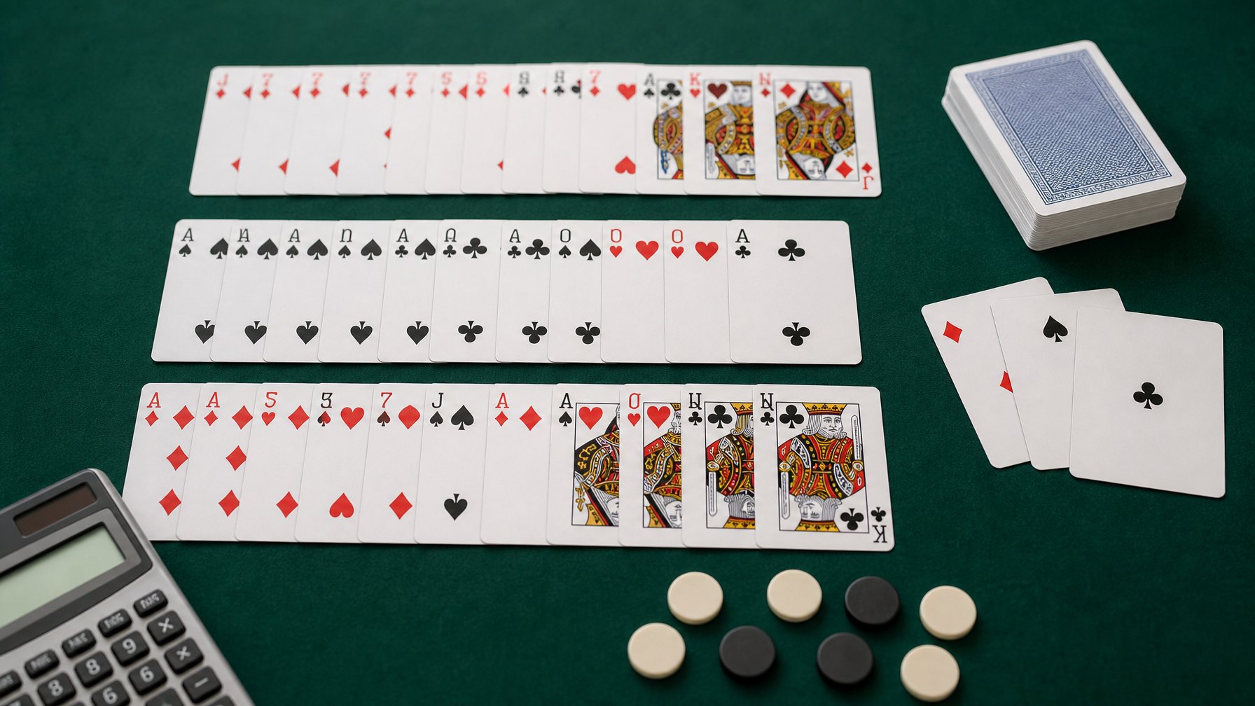 Kartu remi tersusun dalam beberapa kombinasi di atas meja dengan kalkulator dan token penanda di sampingnya.