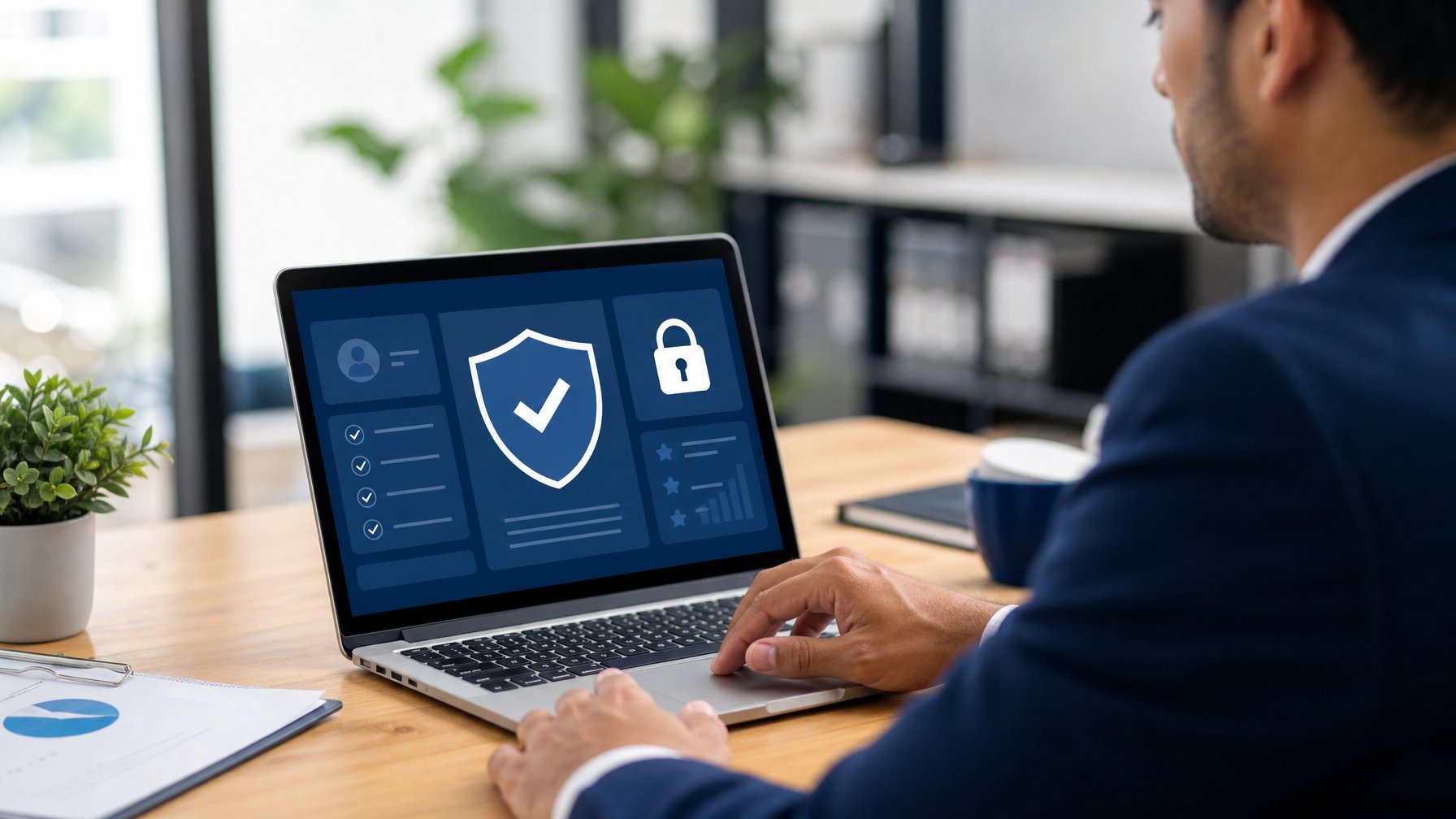 Seorang profesional memeriksa platform digital dengan simbol keamanan dan verifikasi di laptop.
