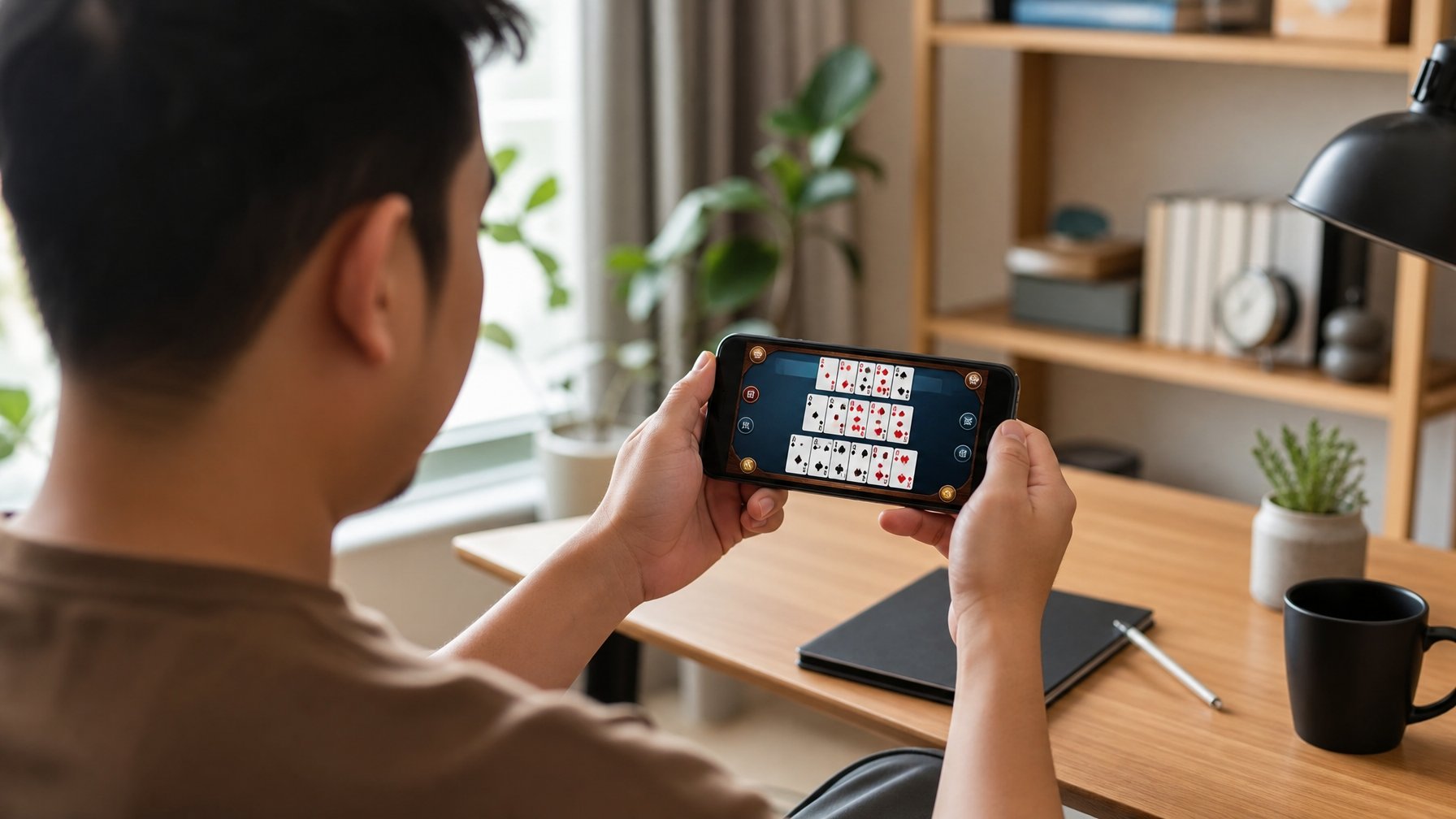 Seseorang memegang ponsel Android yang menampilkan susunan kartu digital di meja kerja.