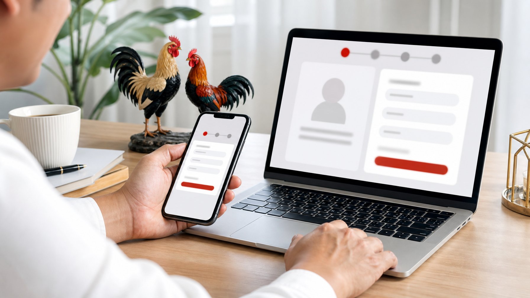 Seseorang meninjau proses pendaftaran akun di laptop dan ponsel dengan dekorasi ayam jantan di meja.