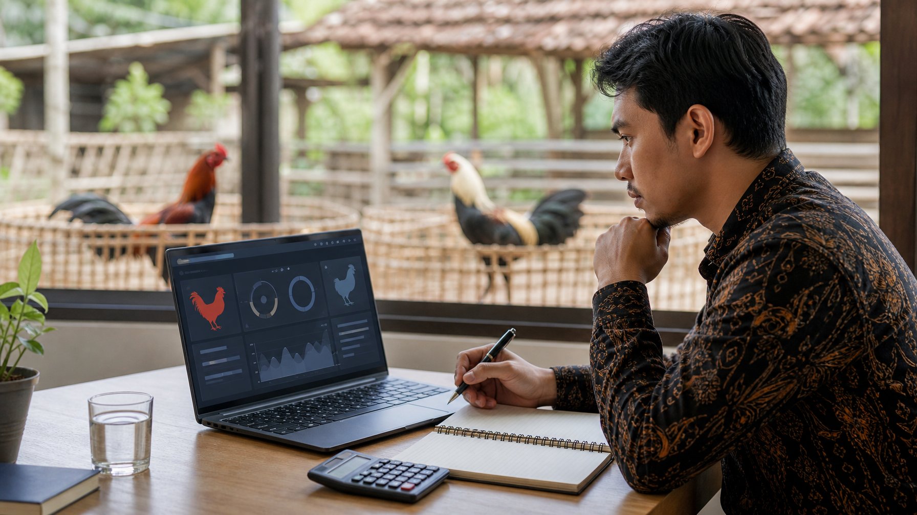 Pemula mempelajari analisis taruhan melalui laptop di meja kerja dengan siluet ayam yang tenang di latar belakang.
