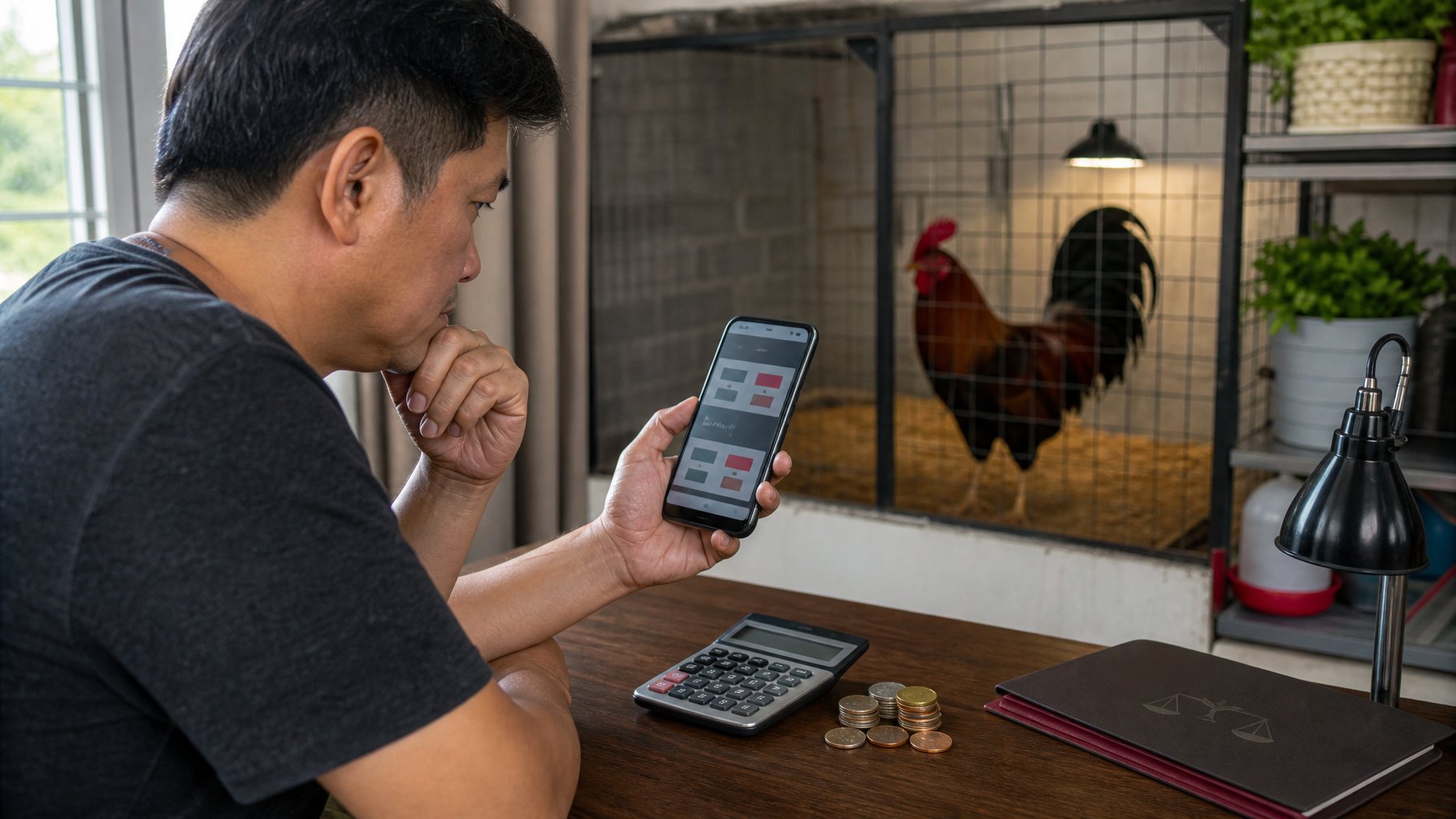 Seorang pemula tampak cemas melihat ponsel di meja dengan kalkulator dan dokumen, sementara ayam berada aman di kandang.