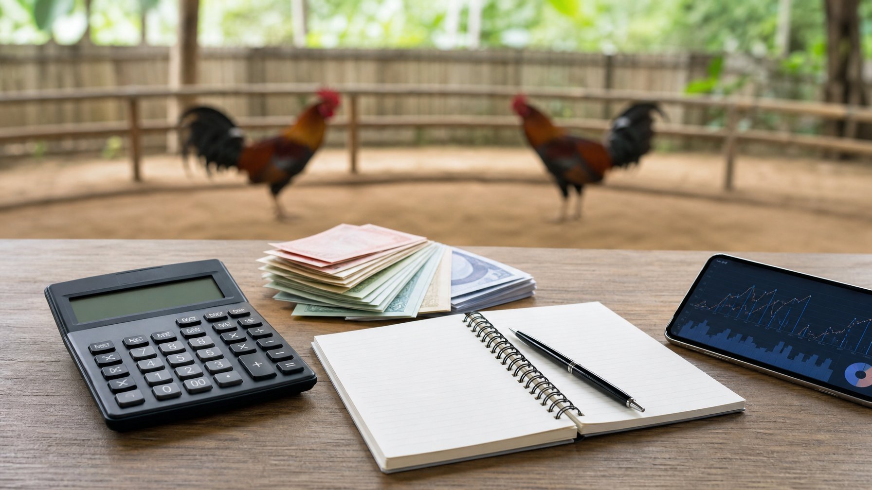Kalkulator dan buku catatan berada di meja dengan suasana arena ayam jago yang tampak samar di latar belakang.