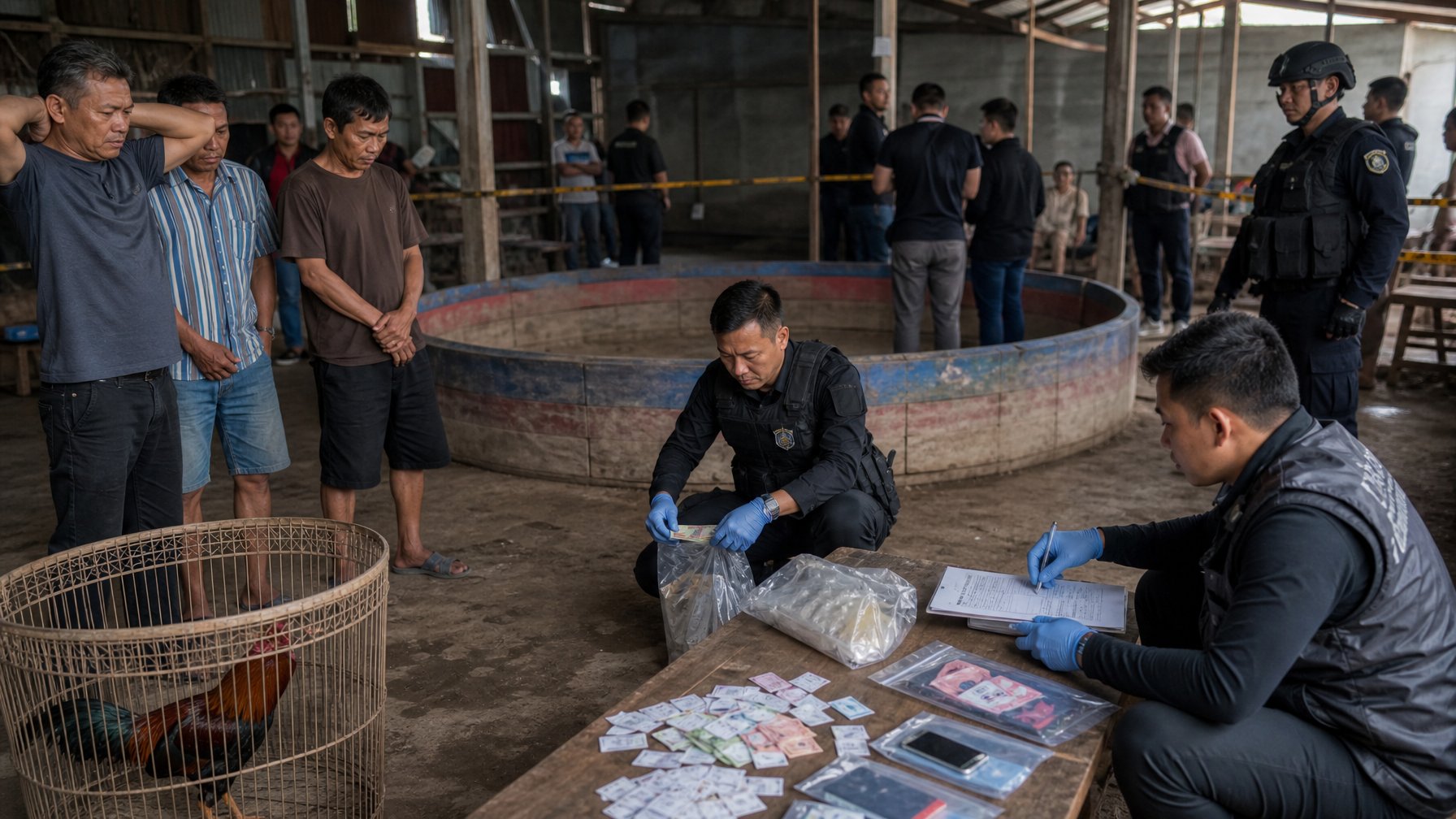 Petugas hukum menggerebek lokasi sabung ayam ilegal sementara beberapa orang terlihat cemas dan barang bukti diamankan.