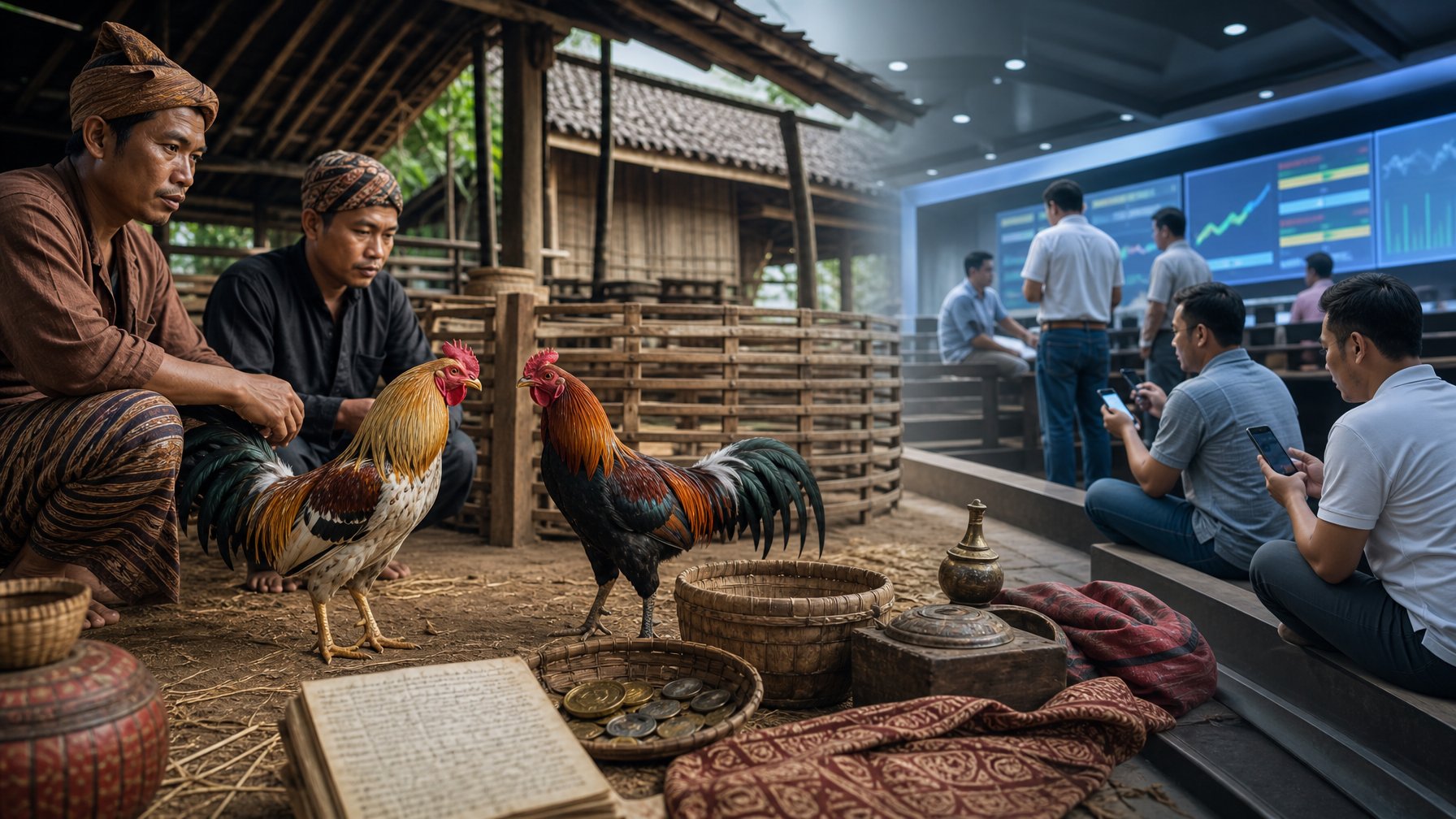 Dua ayam jantan berada di halaman tradisional dengan artefak sejarah dan orang-orang yang melihat taruhan melalui ponsel di latar belakang.