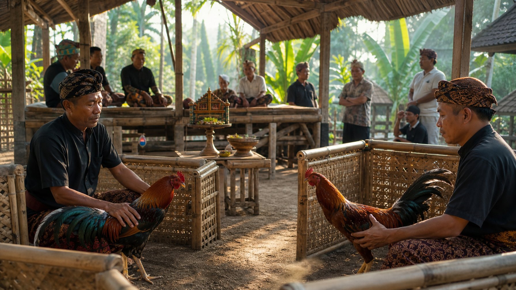 Warga desa mengamati dua ayam jantan dalam suasana tradisi lokal di dekat paviliun bambu.