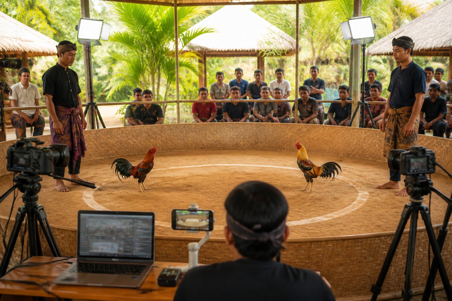 Suasana arena pertunjukan ayam dengan penonton, pemandu, dan peralatan siaran langsung profesional.