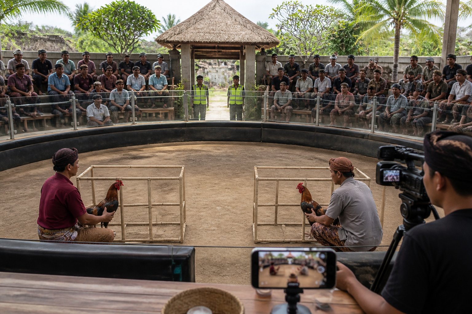 Suasana arena sabung ayam yang tertib dengan penonton, petugas keamanan, dan kamera siaran.