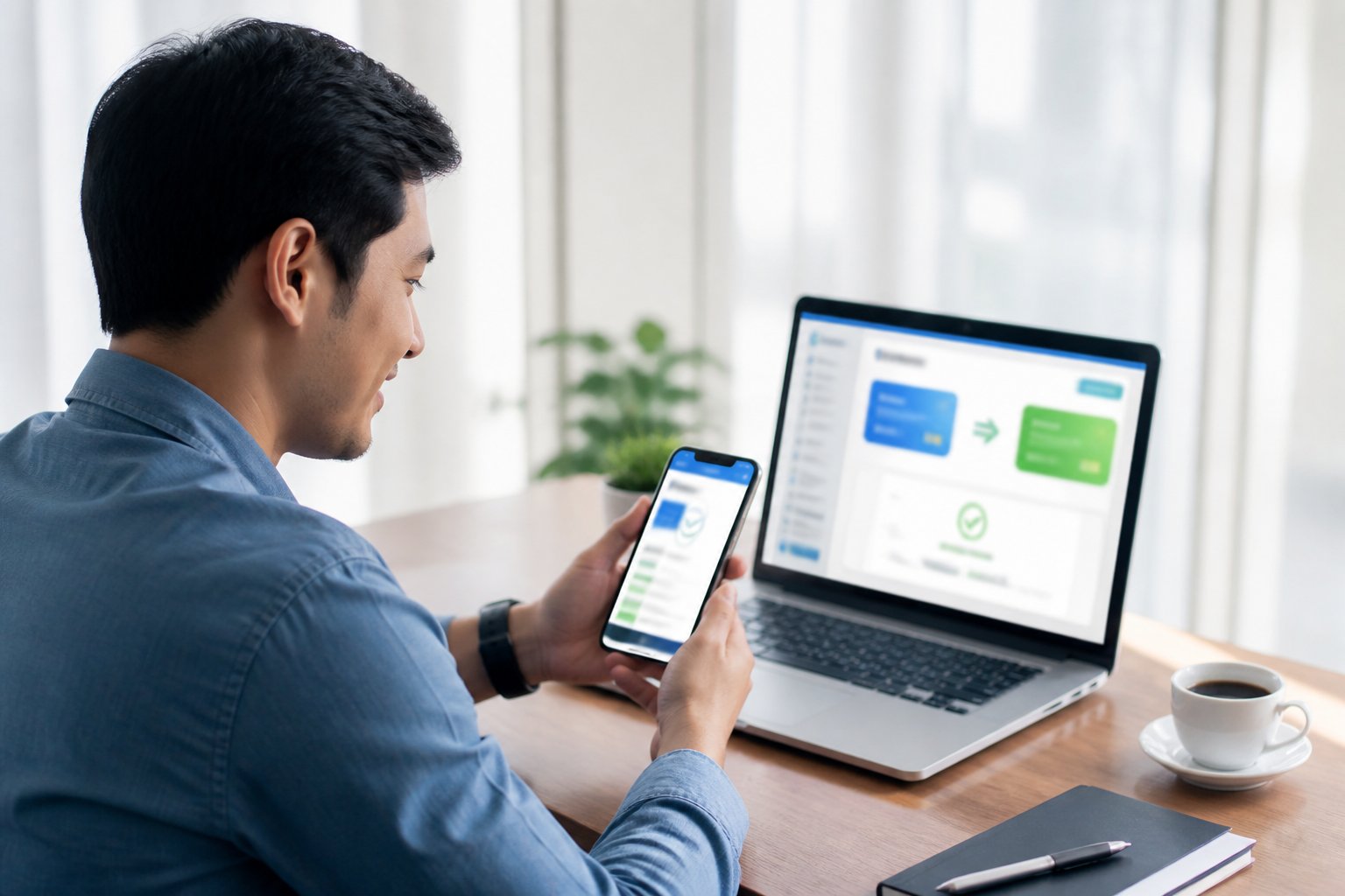 Seseorang memeriksa transaksi dompet digital melalui ponsel di meja kerja dengan laptop di sampingnya.