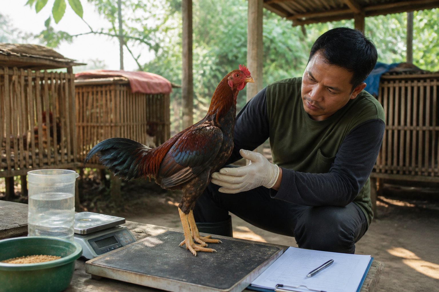 Seorang handler memeriksa kondisi fisik ayam jantan yang berdiri tenang di area perawatan bersih.