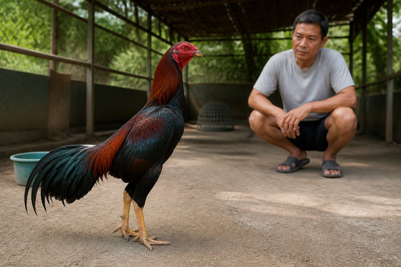 Seekor ayam jantan sehat diamati oleh pawang di area latihan yang bersih.