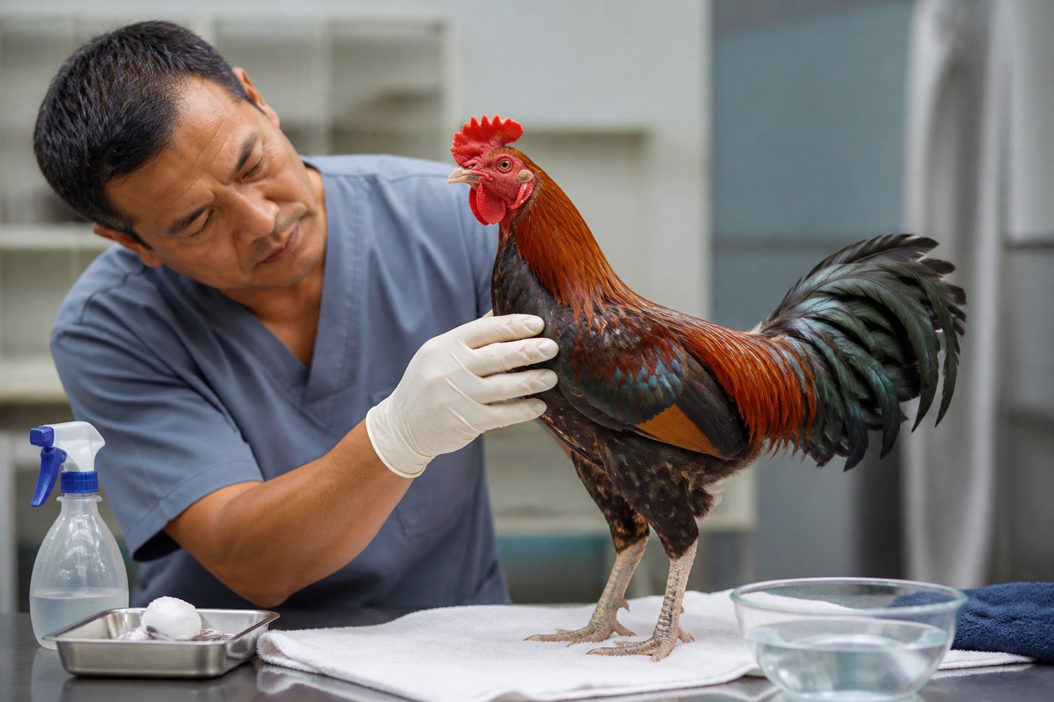 Seorang pemeriksa mengamati kondisi fisik ayam jantan dengan hati-hati di lingkungan yang bersih.