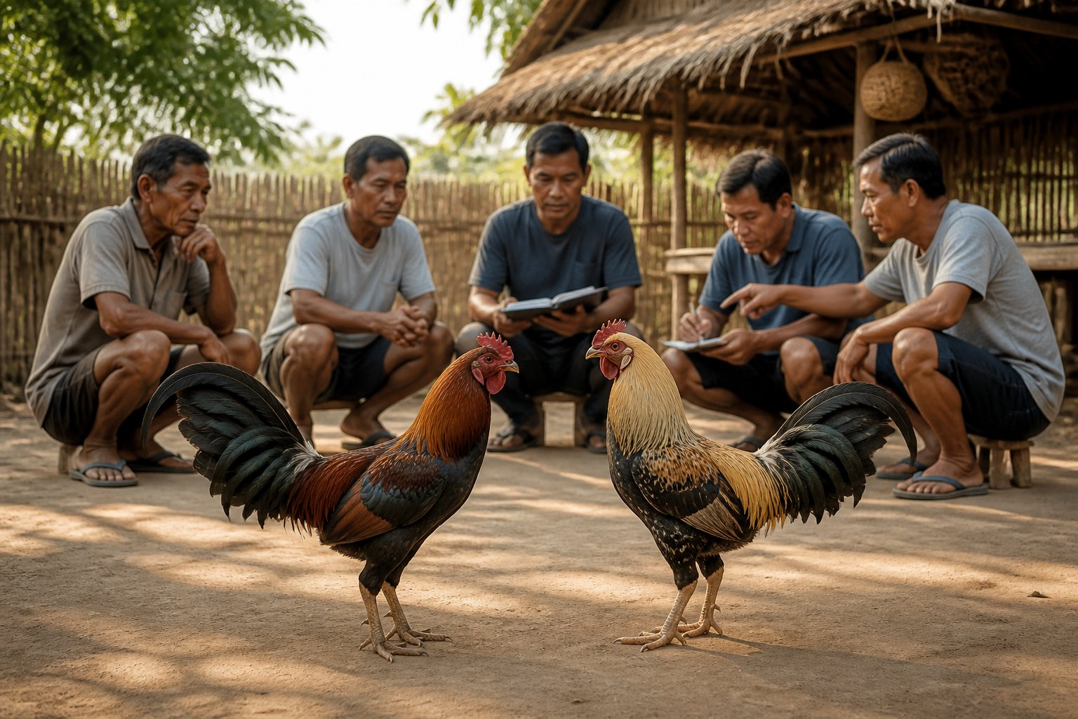 Dua ayam jantan berdiri tenang di halaman pedesaan sementara beberapa orang berdiskusi dan mencatat di latar belakang.