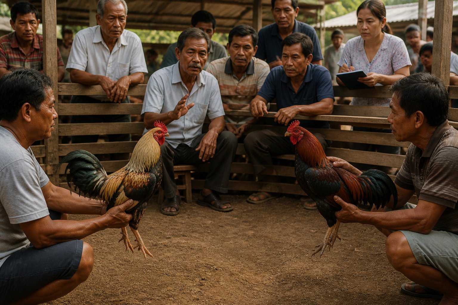 Suasana arena sabung ayam tradisional dengan pawang dan penonton mengamati dua ayam secara terpisah.