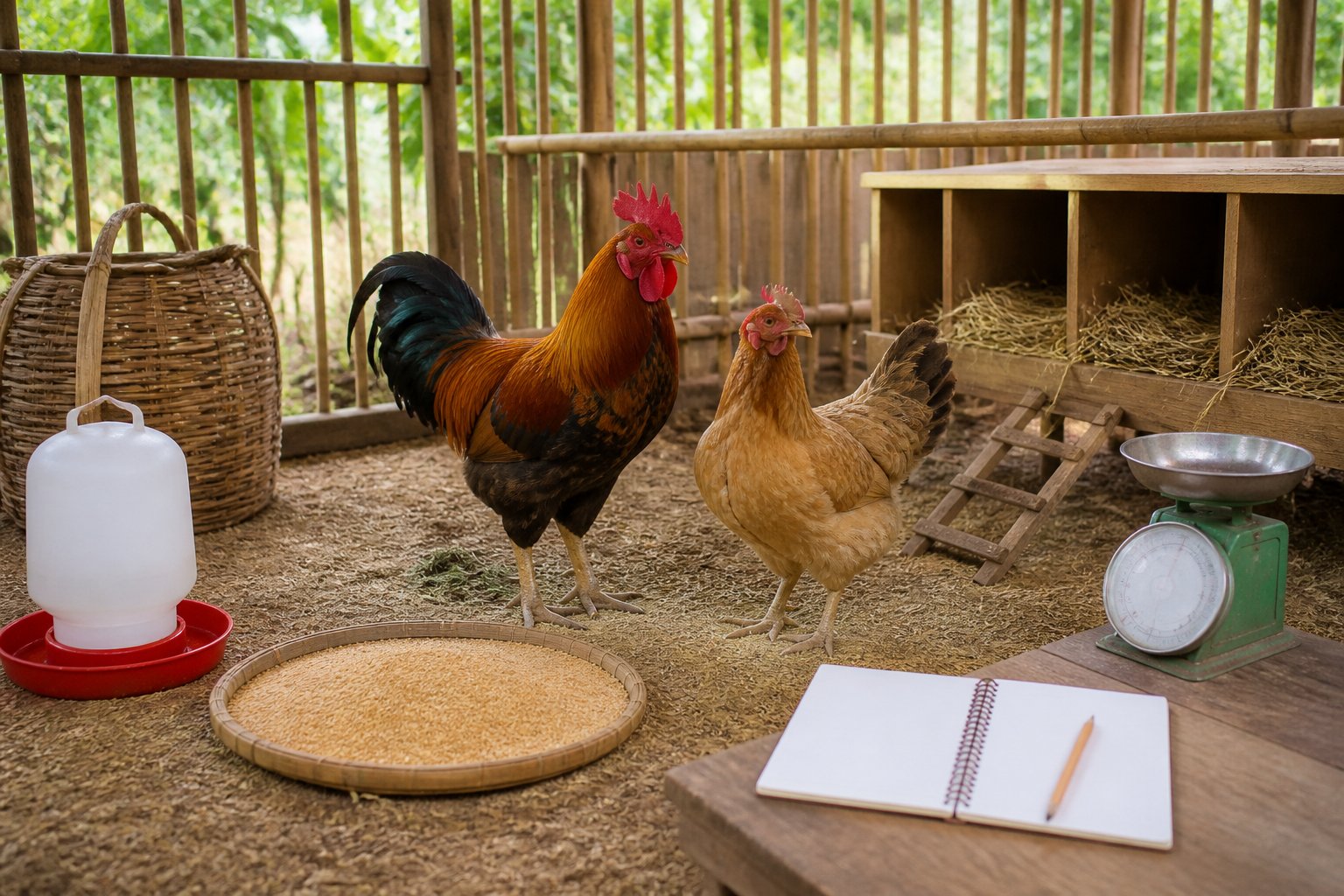 Ayam jantan dan betina berada di kandang bersih dengan berbagai perlengkapan perawatan unggas.