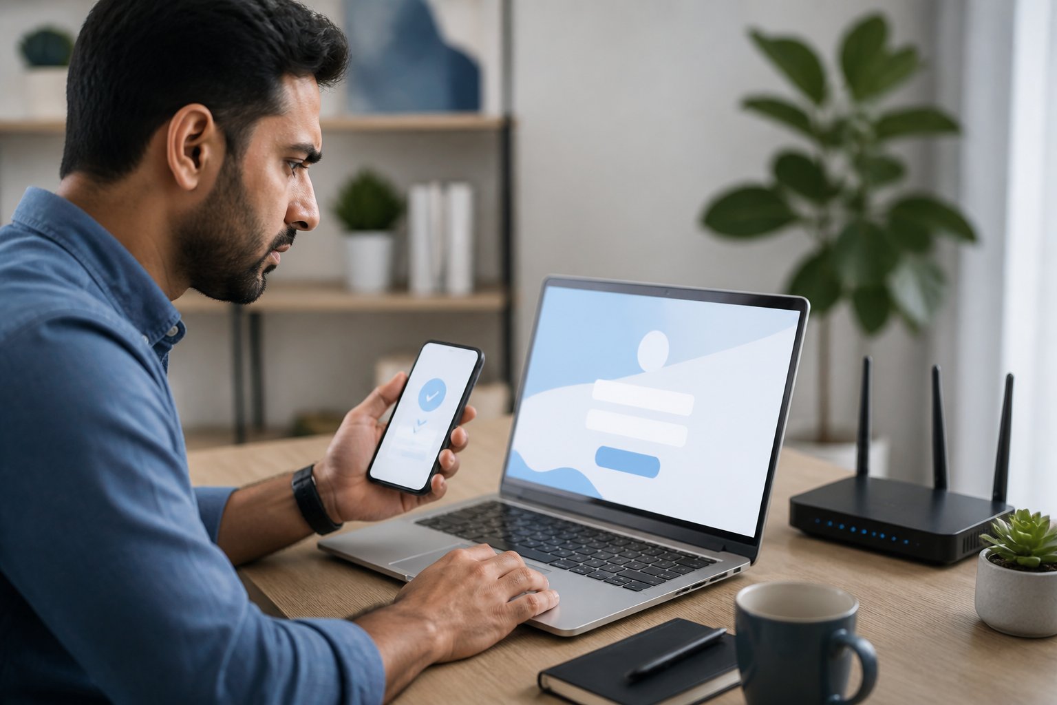 Seseorang memeriksa masalah login di laptop sambil melihat ponsel dan router di meja.