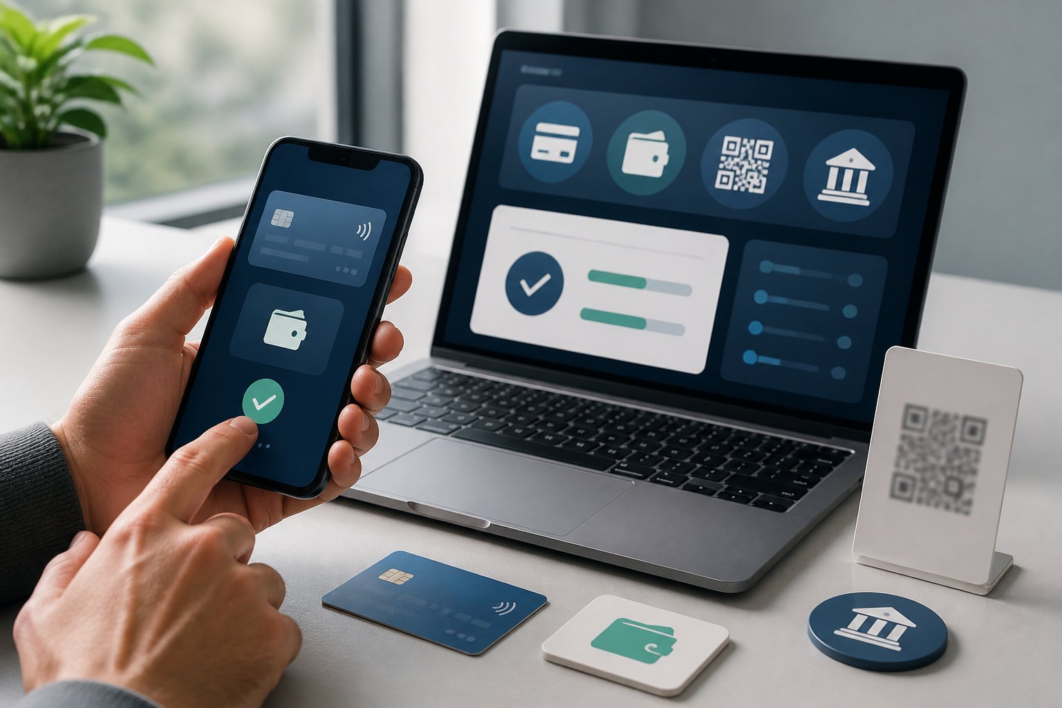 Tangan menggunakan ponsel di samping laptop dengan beberapa pilihan pembayaran digital dan kartu bank di atas meja.