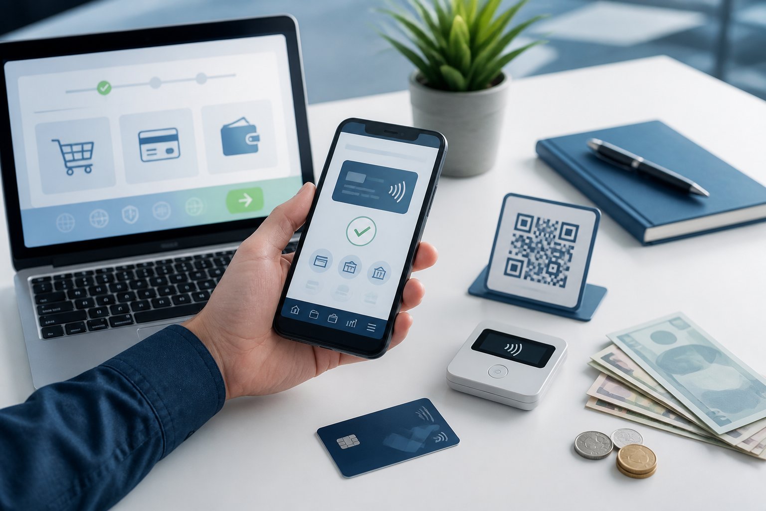Perangkat pembayaran digital, kartu bank, dompet elektronik, dan uang tunai tersusun di atas meja dengan seseorang menggunakan ponsel.