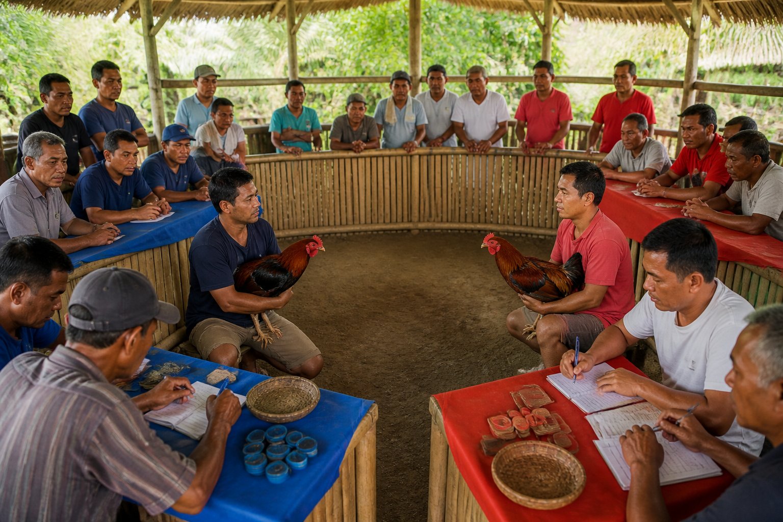 Dua kelompok penonton dan pawang membandingkan sistem taruhan Wala dan Meron di arena sabung ayam, dengan dua ayam jantan dipegang dengan aman.