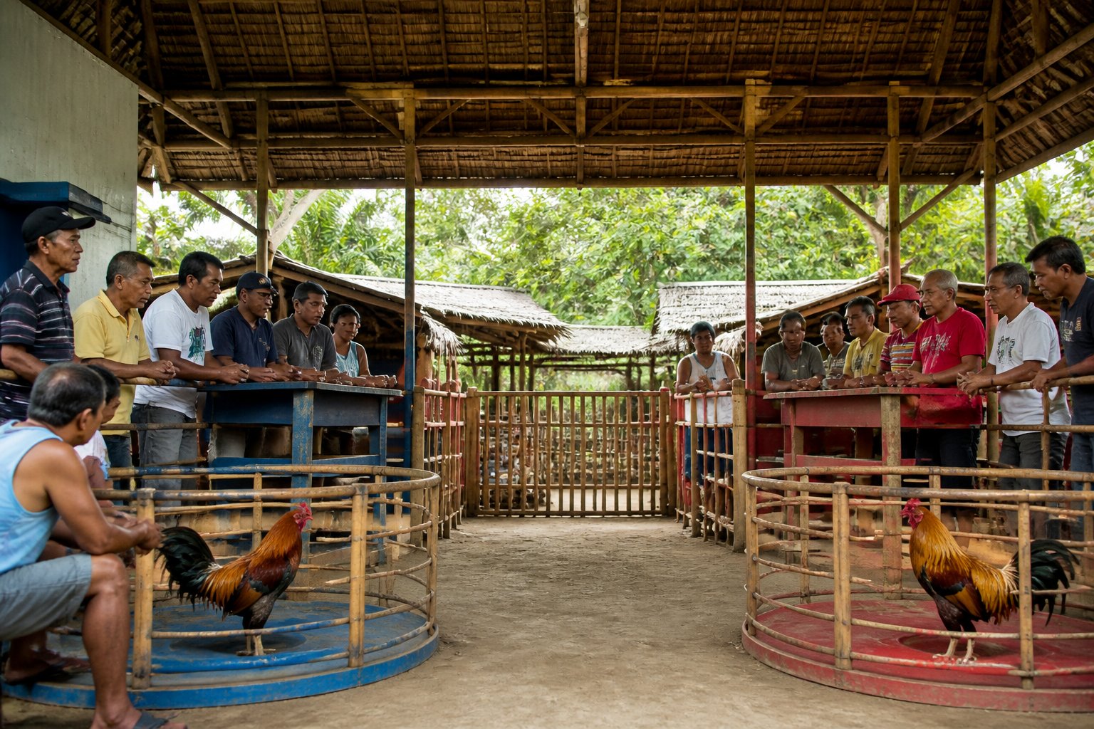 Suasana arena sabung ayam dengan dua area taruhan terpisah dan beberapa orang berkumpul di sekitarnya.