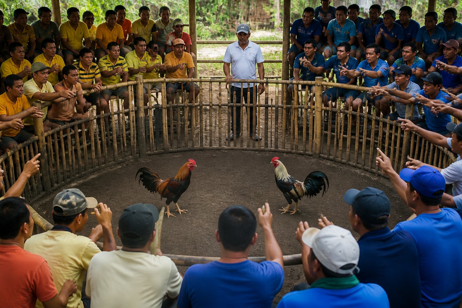 Dua kelompok penonton dewasa berdiri di sisi berlawanan arena tradisional dengan dua ayam yang diawasi di bagian tengah.