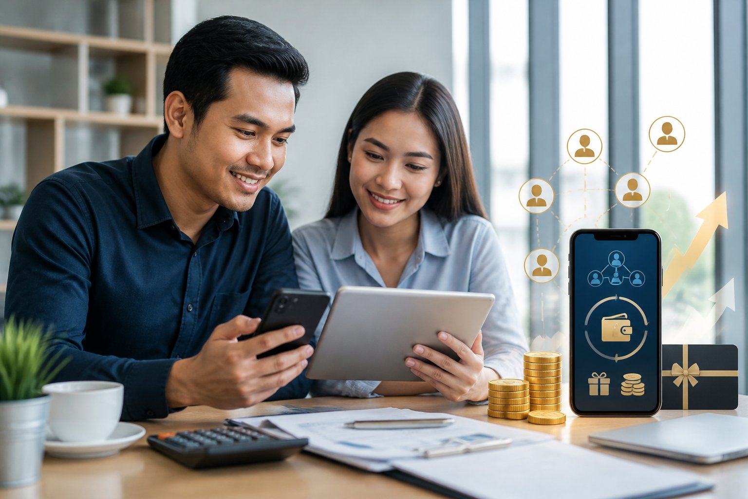 Dua orang dewasa meninjau hadiah digital dan koneksi referral melalui ponsel dan tablet di kantor modern.