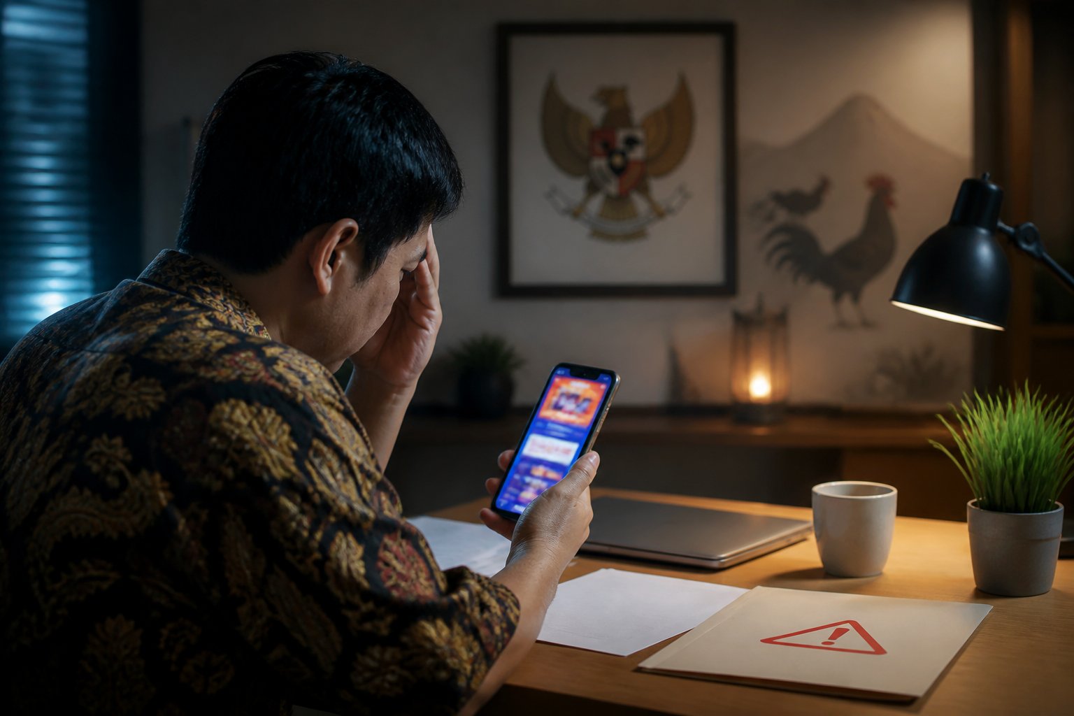Seseorang di ruang kerja memeriksa ponsel dengan tawaran promosi yang dibuat samar, dalam suasana penuh kewaspadaan hukum.