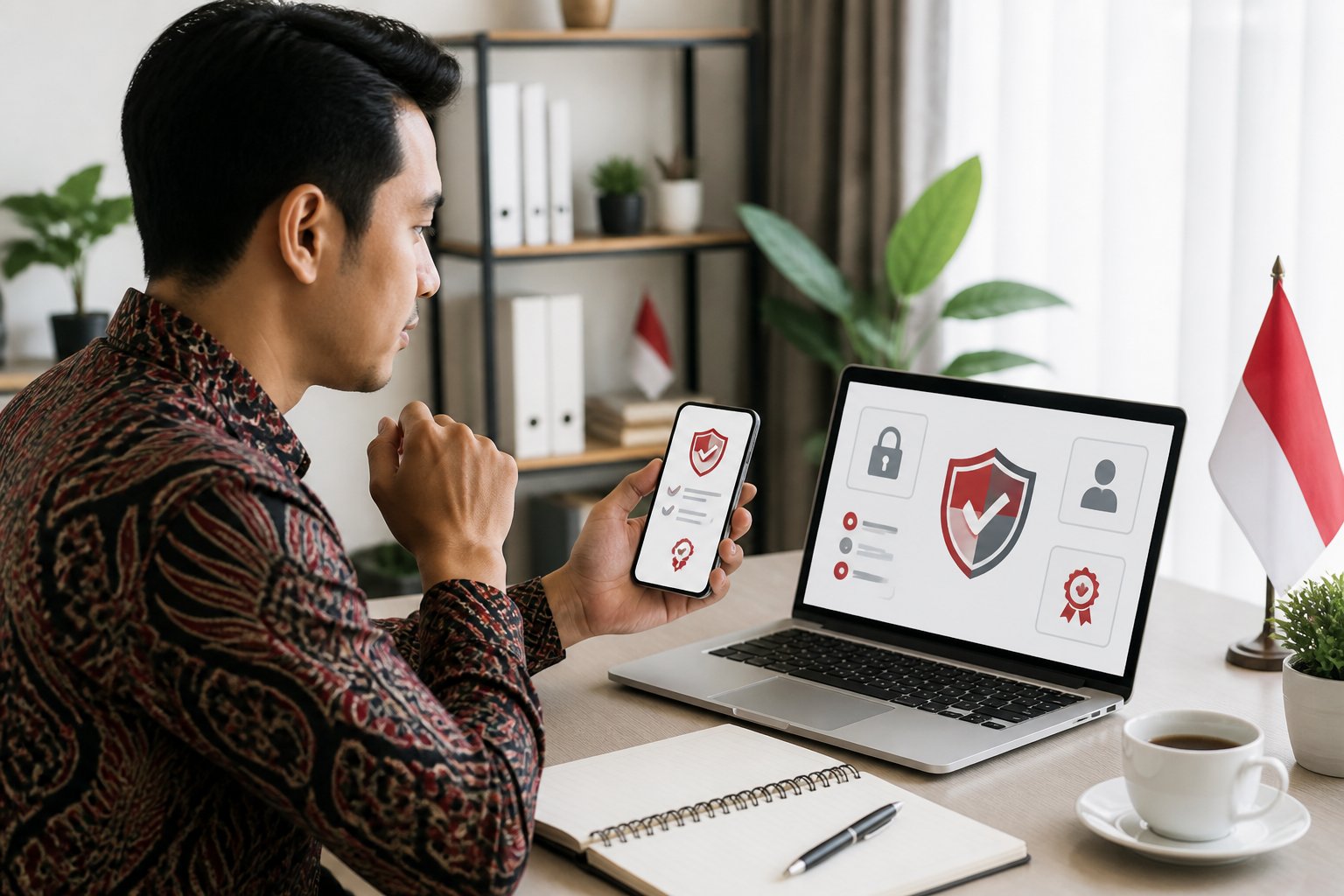 Orang dewasa memeriksa keamanan platform digital melalui laptop dan ponsel di meja kerja.