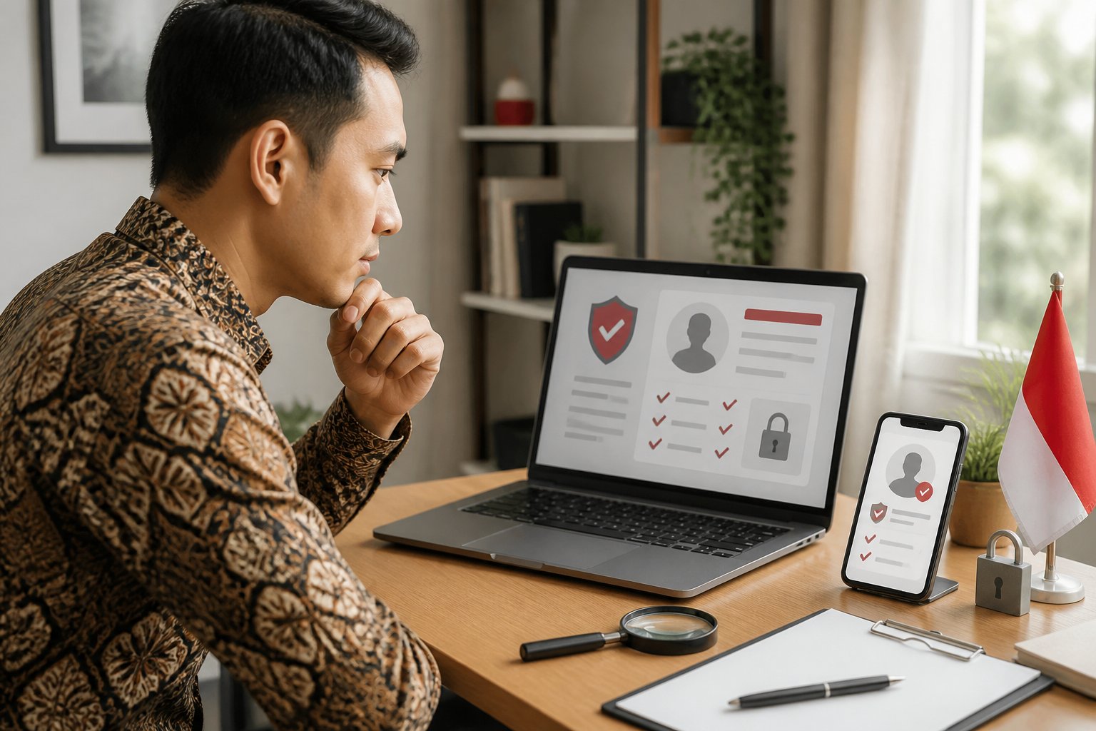 Seorang profesional Indonesia memeriksa informasi verifikasi layanan daring menggunakan laptop dan ponsel di meja kerja.