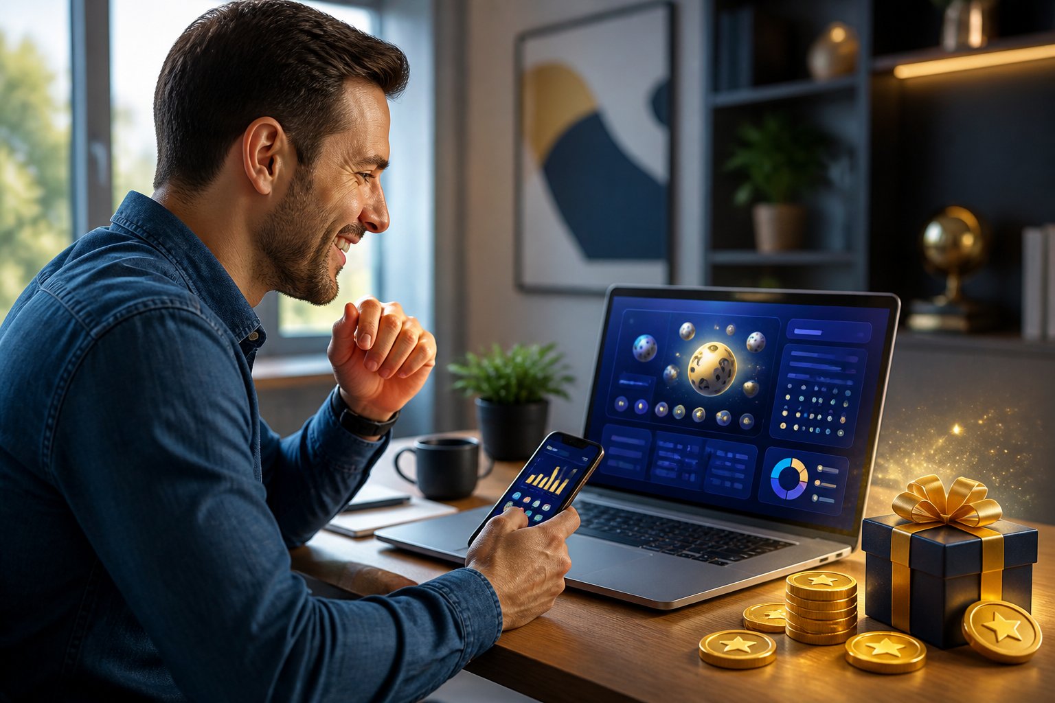 Orang dewasa menggunakan laptop dengan elemen hadiah dan koin emas di meja kerja modern.