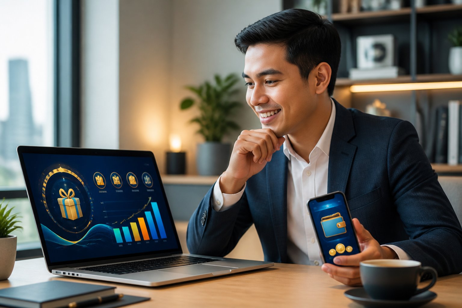 Seorang profesional memeriksa laptop dan ponsel dengan tampilan bonus digital di meja kerja modern.