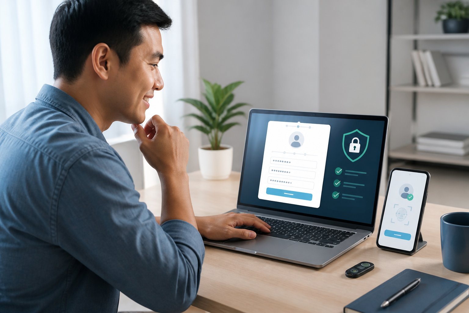 Orang dewasa menggunakan laptop untuk mendaftar akun daring di ruang kerja modern.