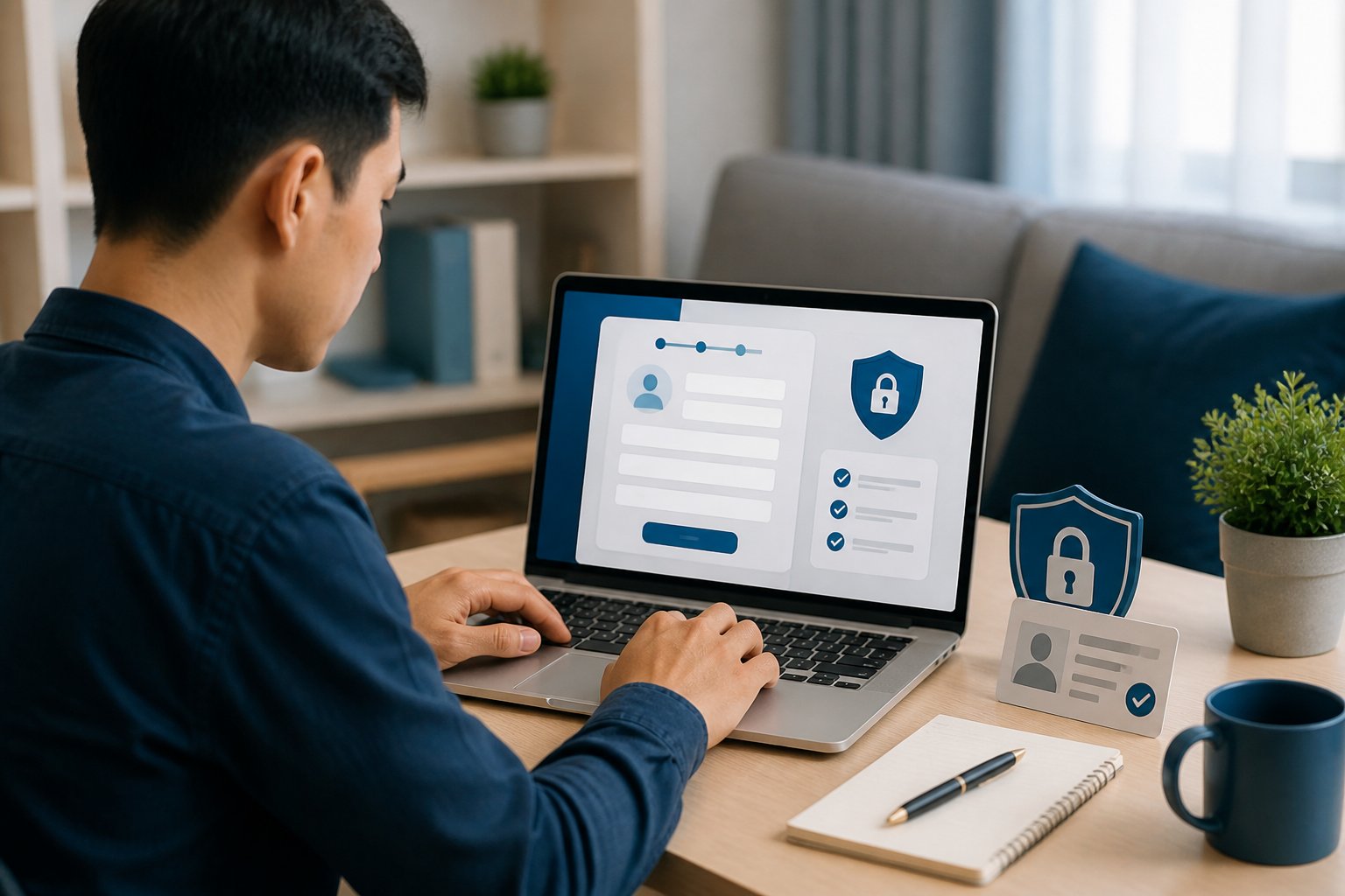 Seseorang menggunakan laptop untuk pendaftaran akun daring dengan simbol keamanan digital di meja kerja.