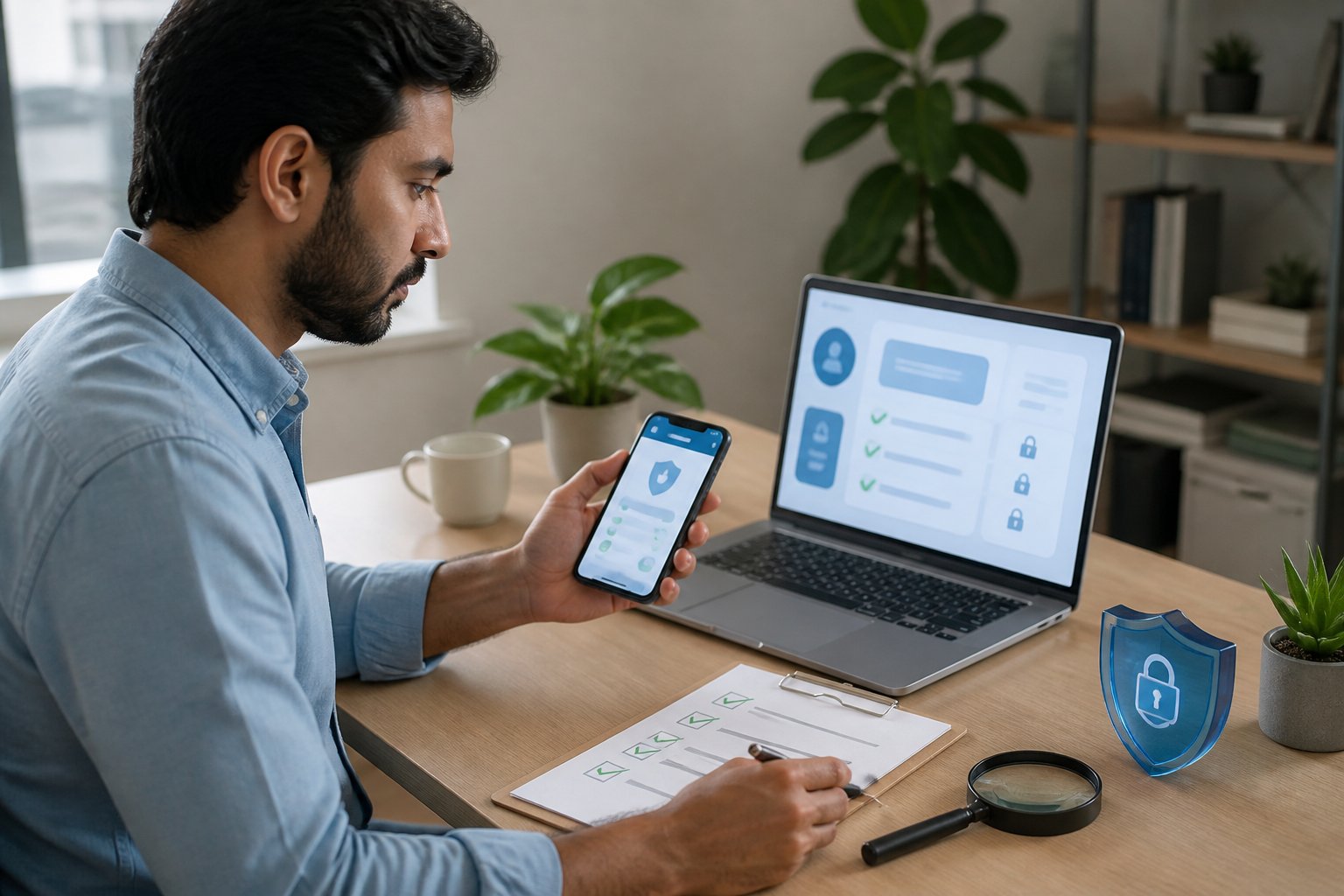 Seseorang memeriksa keamanan dan kredibilitas platform online menggunakan laptop, ponsel, dan daftar periksa.