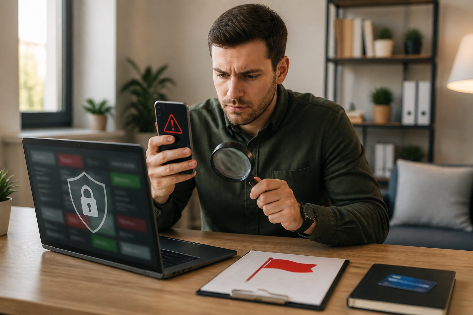 Pemula memeriksa situs taruhan online yang mencurigakan dengan simbol peringatan di meja kerja.