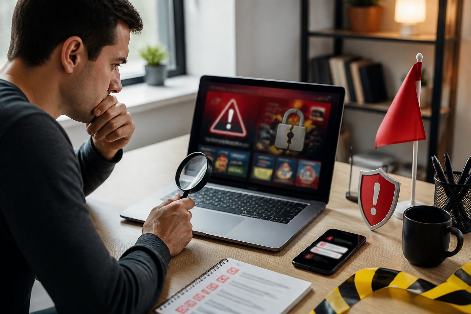 Pemula memeriksa situs taruhan online yang tampak mencurigakan di laptop dengan simbol peringatan di sekitarnya.