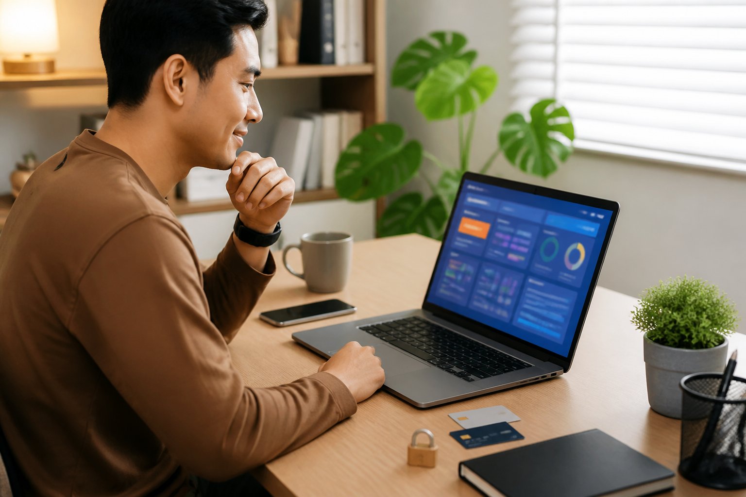 Seseorang menggunakan laptop untuk melihat antarmuka hiburan digital di ruang kerja modern.
