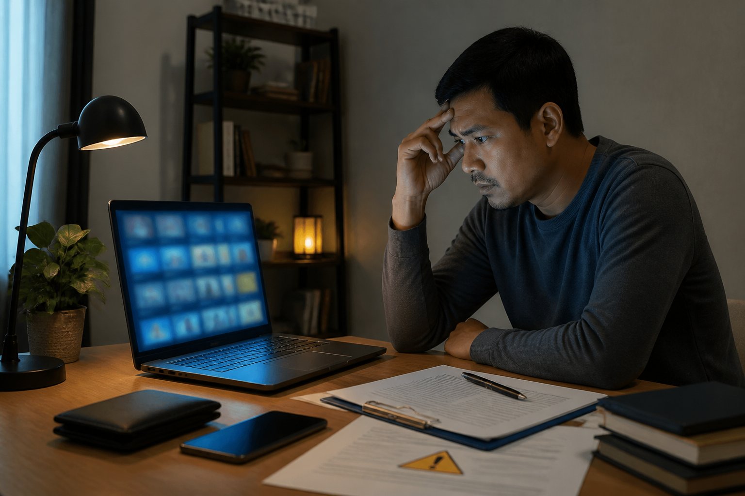 Seorang dewasa Indonesia tampak cemas memeriksa laptop dengan layar buram di meja kerja, disertai simbol peringatan dan dompet tertutup.