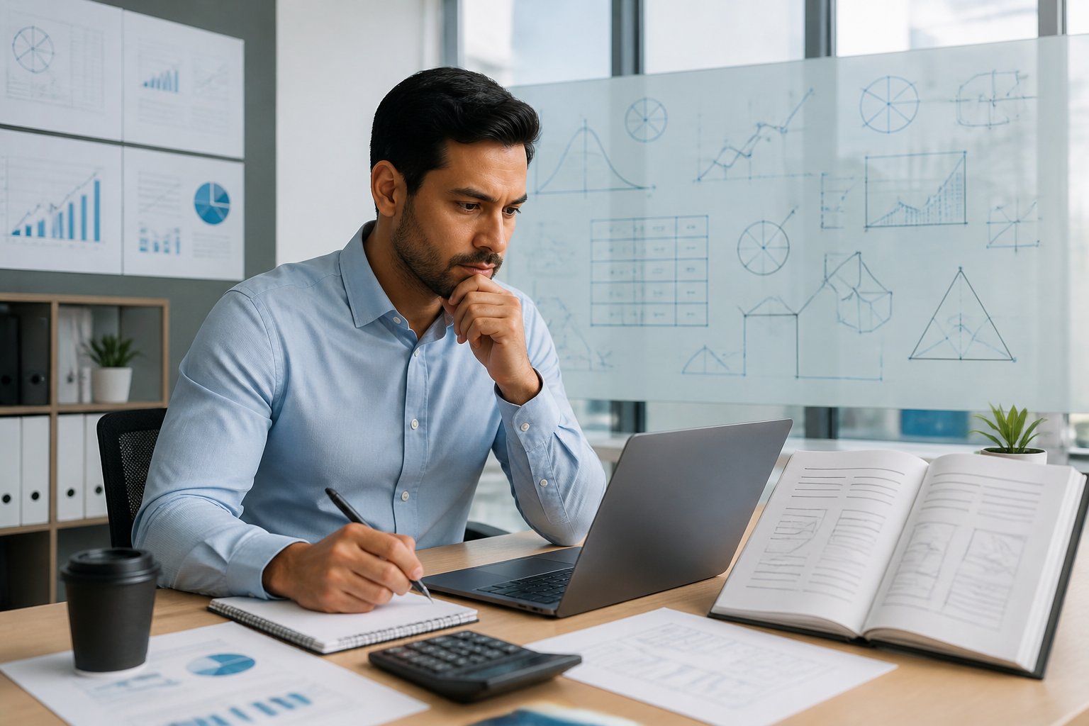 Seorang analis dewasa meninjau data pasar dan aturan permainan di kantor modern.