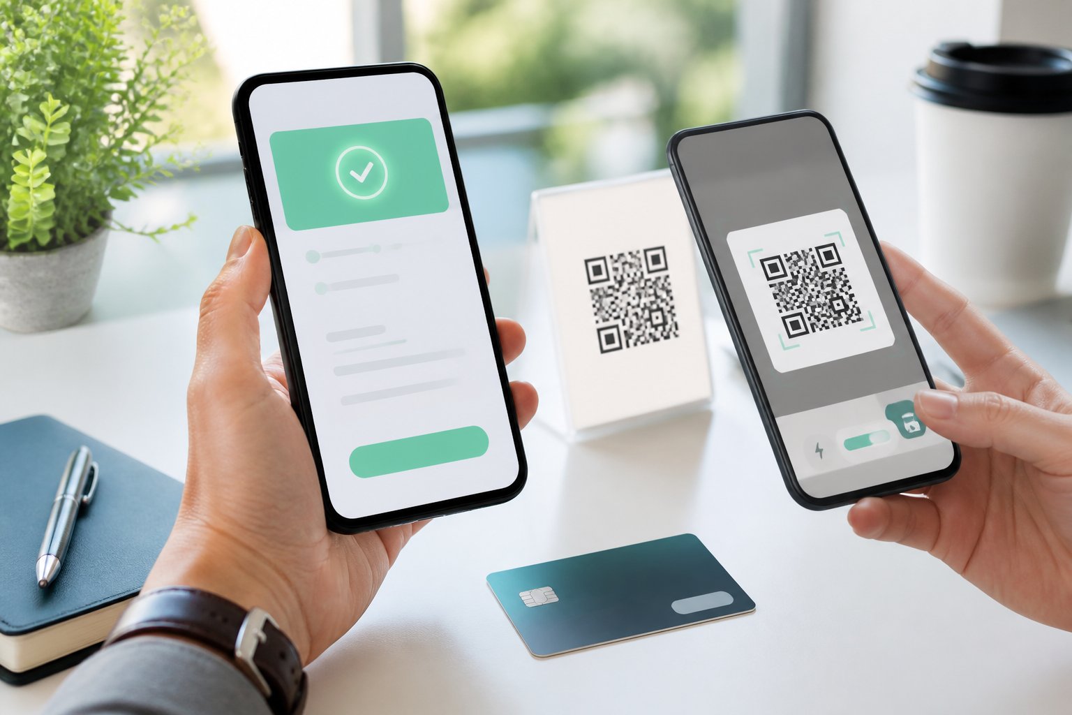Dua ponsel menampilkan proses pembayaran digital dan pemindaian kode QR di atas meja kerja.