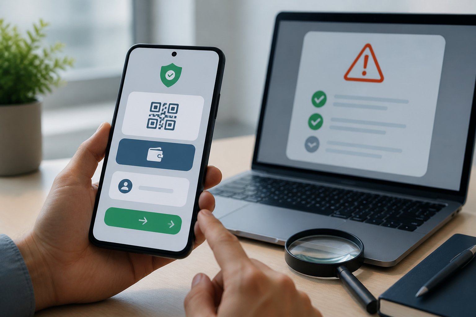 Tangan seseorang memeriksa transaksi pembayaran digital melalui ponsel dengan simbol peringatan dan verifikasi.