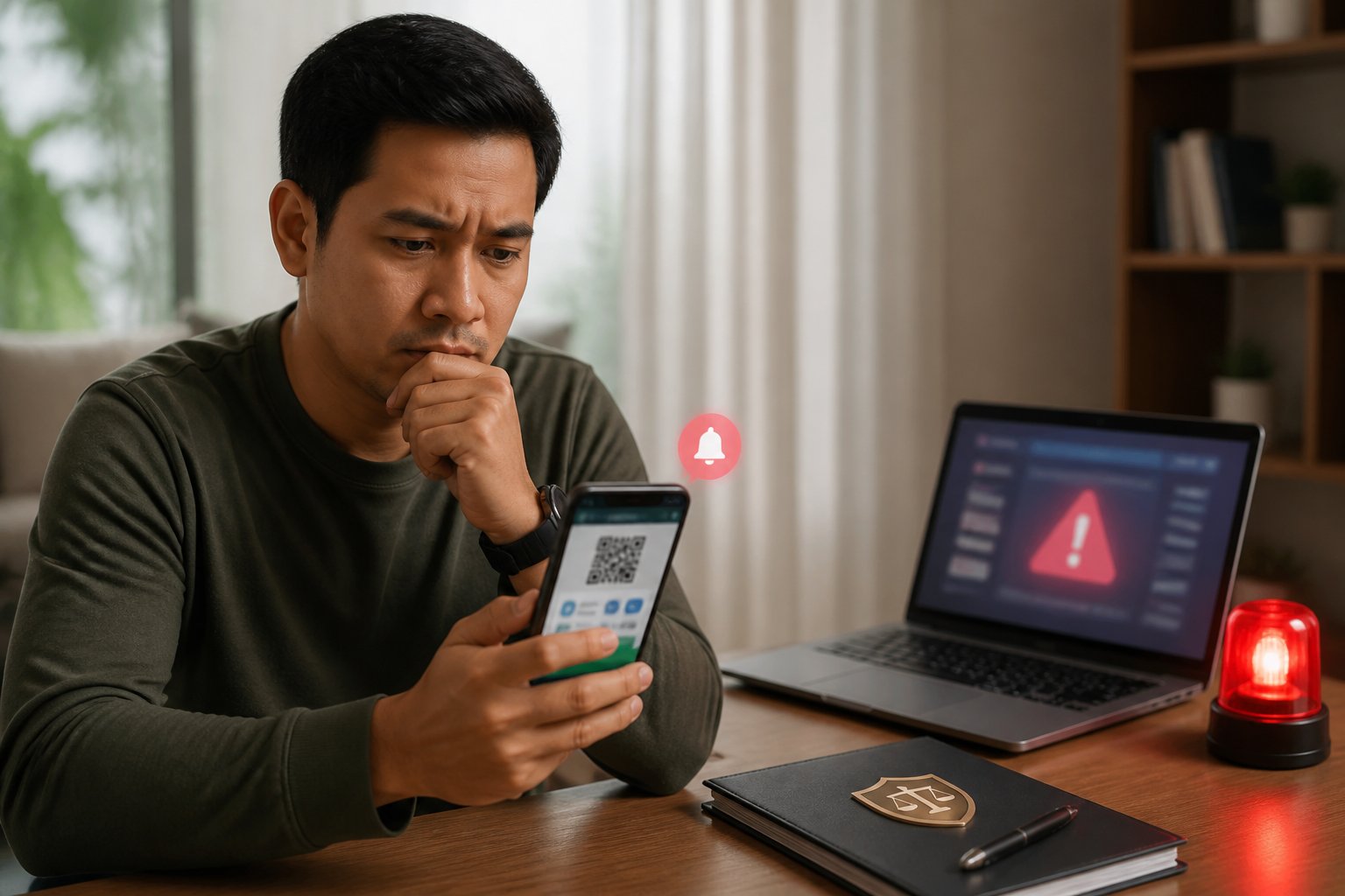 Pengguna Indonesia tampak ragu melihat ponsel dengan antarmuka pembayaran digital abstrak dan simbol peringatan.